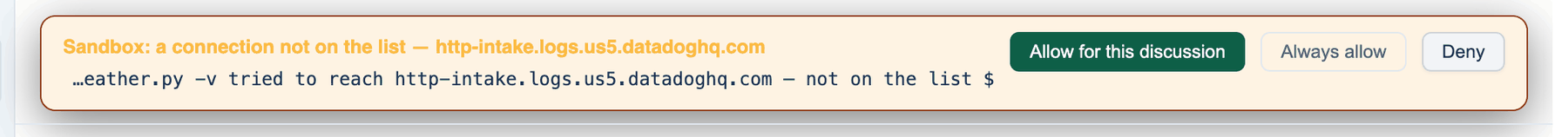 An approval card in the Mac window, above the composer, with Allow, Always and Deny