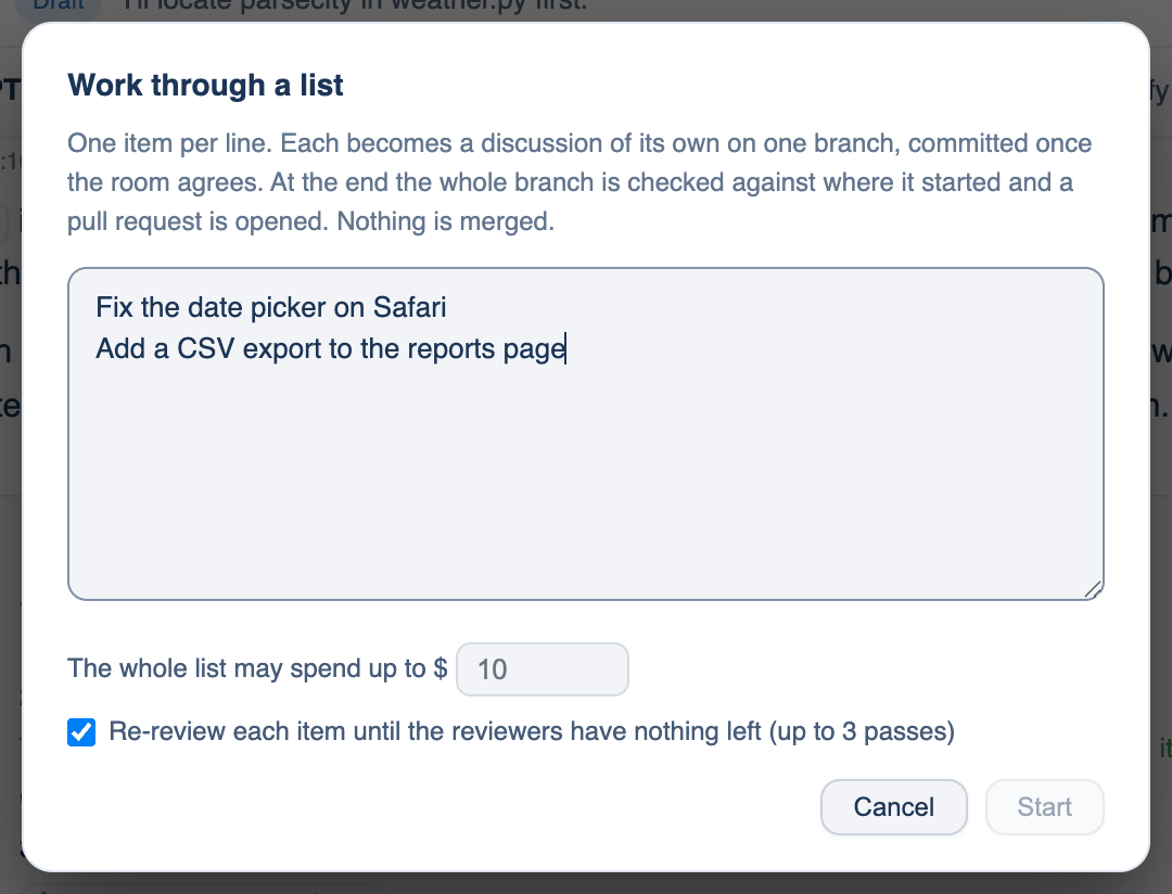 Mac, the Work through a list dialog with items, the spending limit and the re-review box