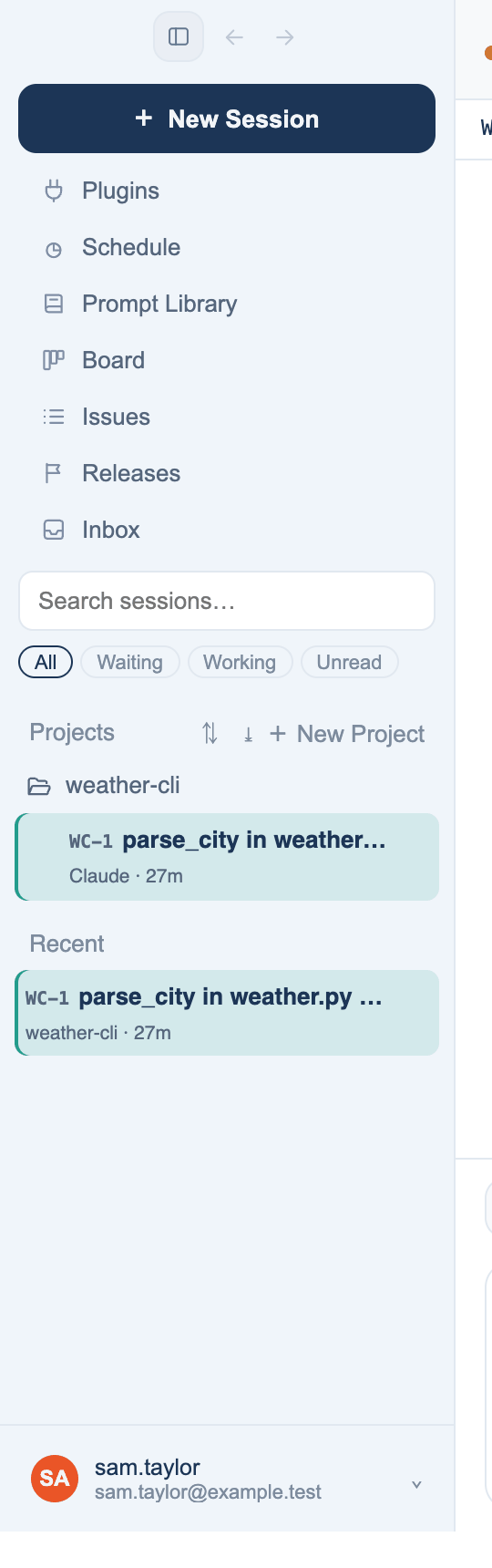 Mac sidebar: New Session, the shortcuts, Search sessions, the filter chips and the session list