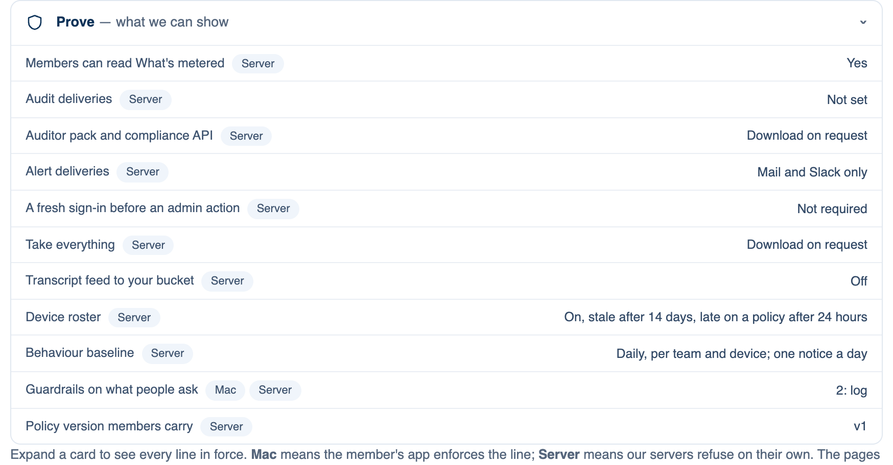 Settings → Account → Governance → Sharing, Review & Evidence on the Mac: the Evidence & Accountability card with its server chips
