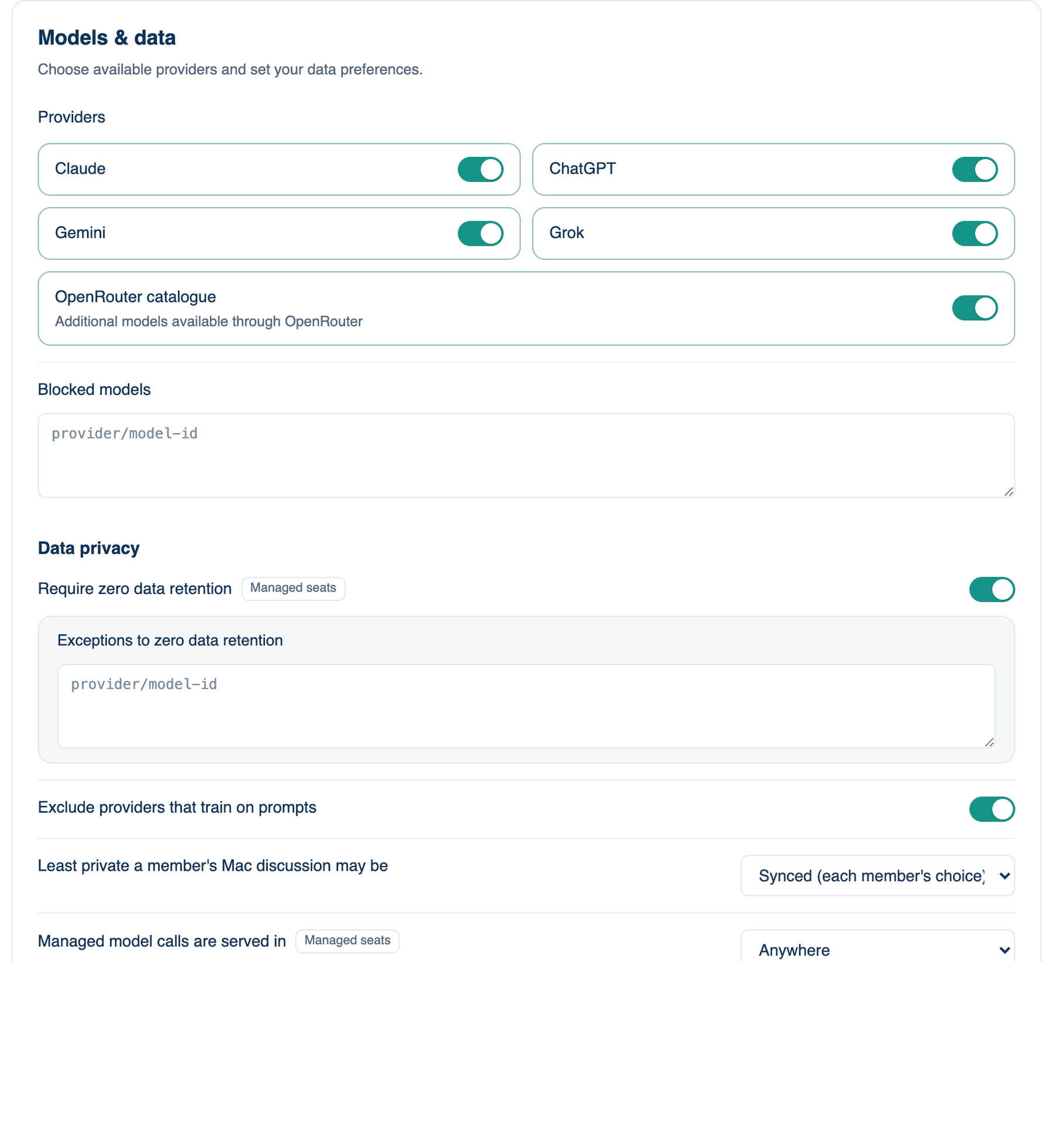 Settings → Account → Governance → Policy, Access & Data on the Mac: the Models & data card with its Data privacy lines