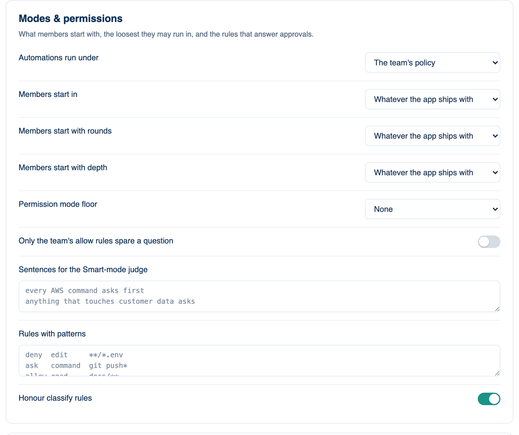 Settings → Account → Governance → Tools & Execution on the Mac: the Modes & permissions card
