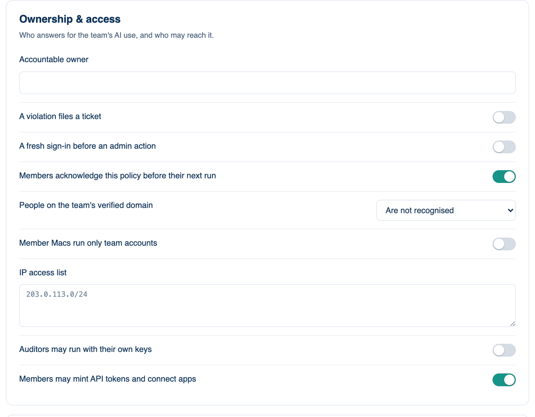 Settings → Account → Governance → Policy, Access & Data on the Mac: the Ownership & access card