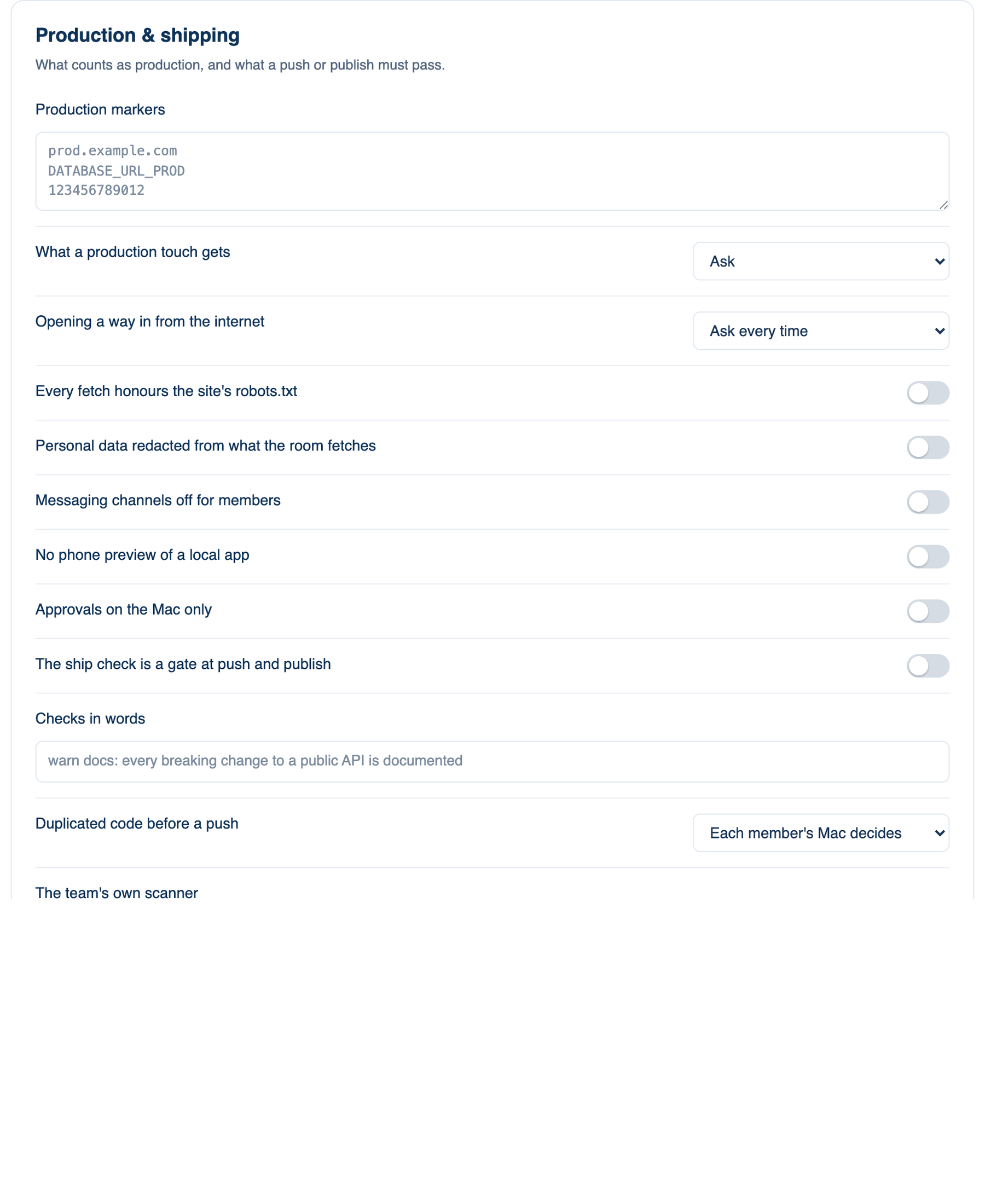 Settings → Account → Governance → Sharing, Review & Evidence on the Mac: the Production & shipping card