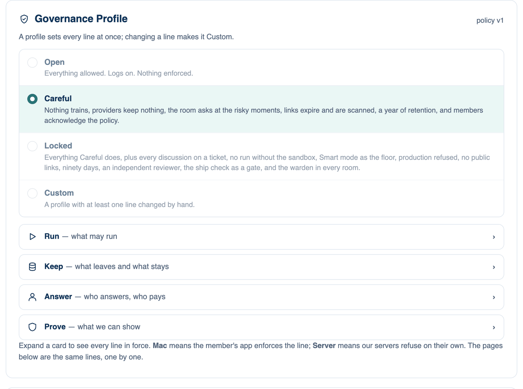 Settings → Account → Governance on the Mac: the Governance Profile card with the Run, Keep, Answer and Prove summaries
