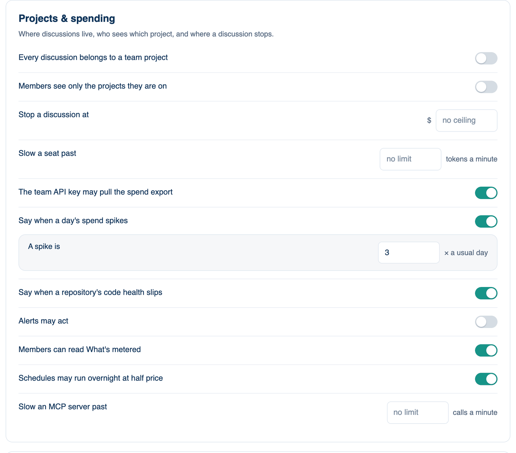 Settings → Account → Governance → Policy, Access & Data on the Mac: the Projects & spending card