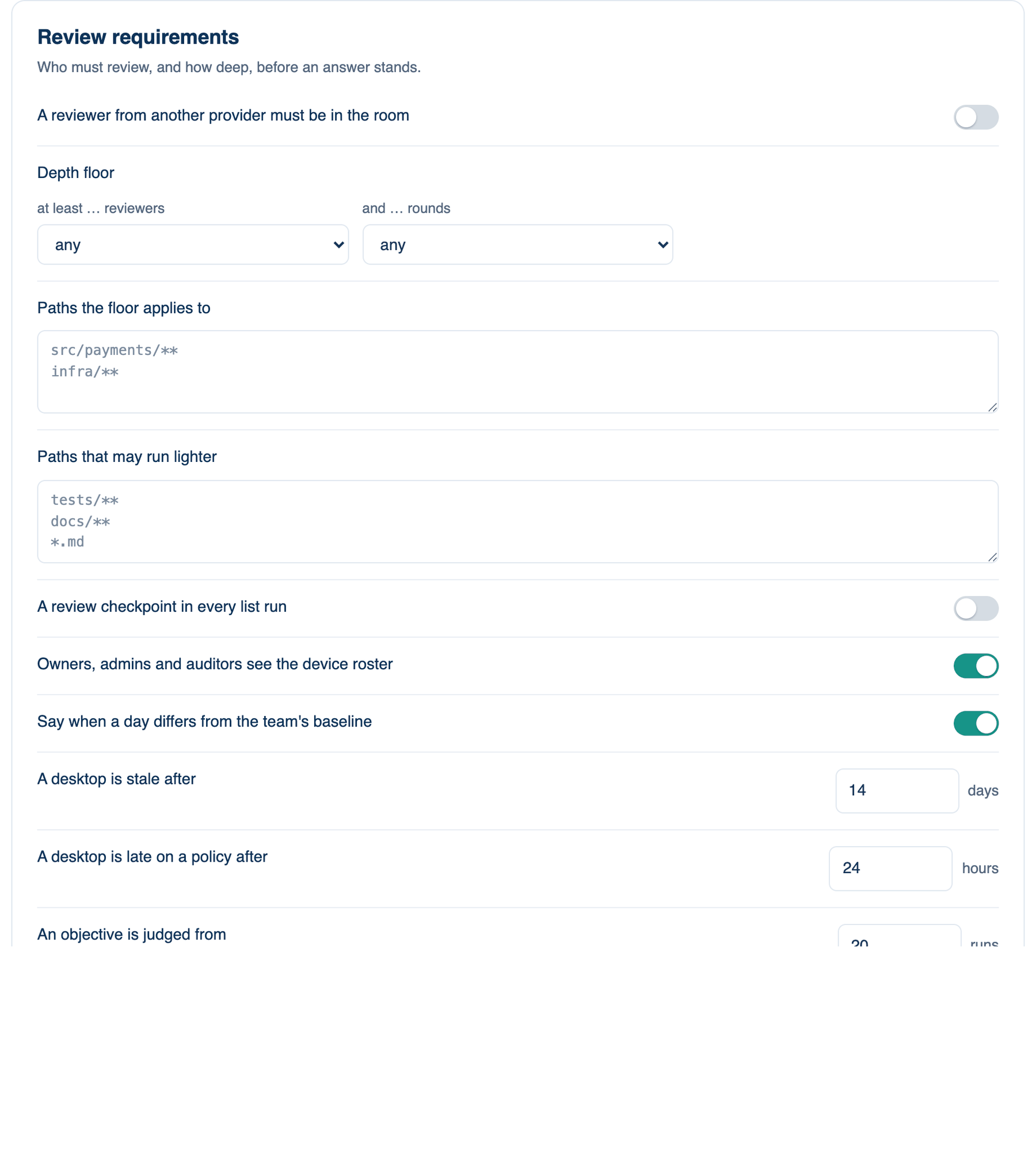 Settings → Account → Governance → Sharing, Review & Evidence on the Mac: the Review requirements card with the depth floor row
