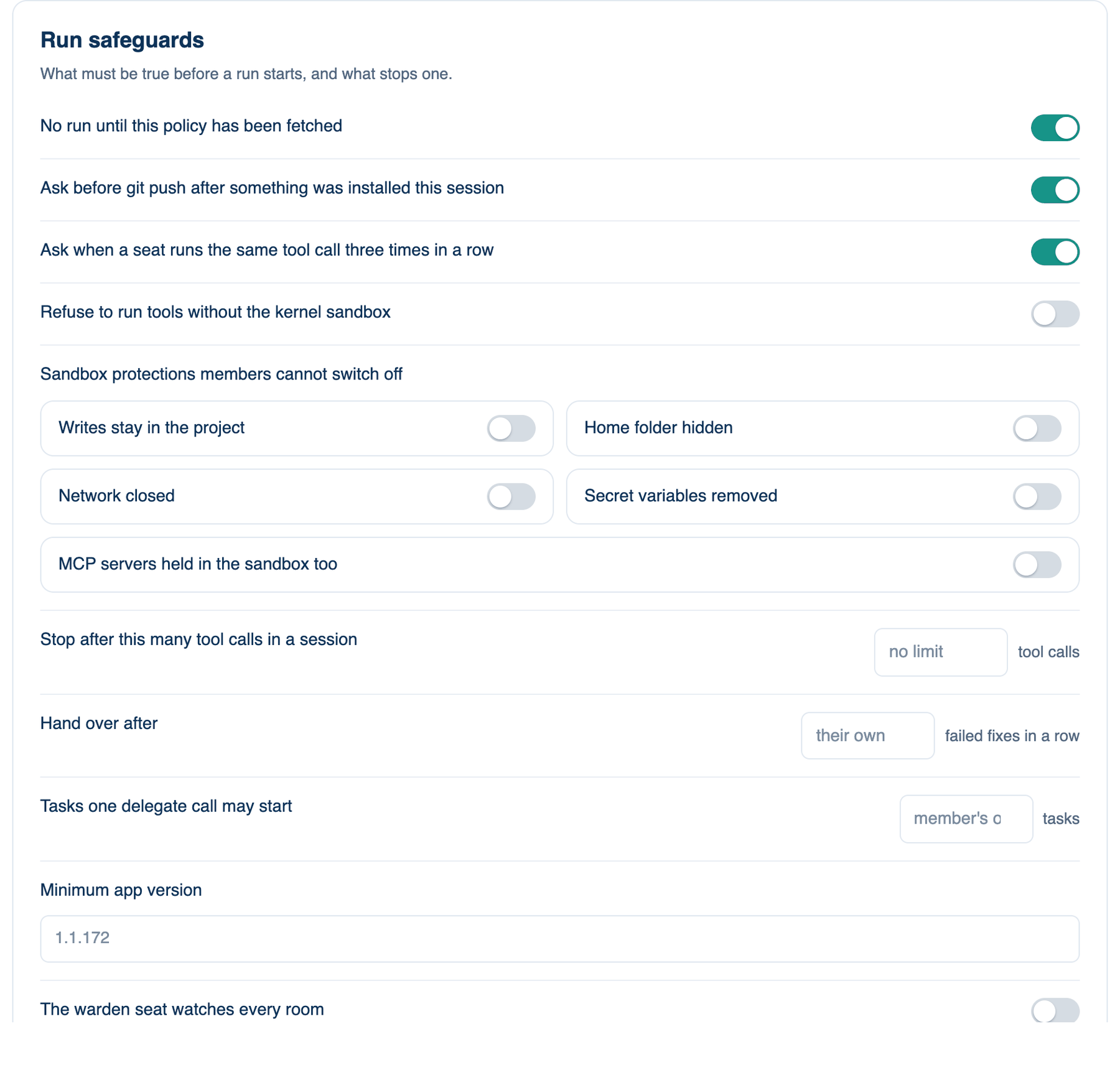 Settings → Account → Governance → Tools & Execution on the Mac: the Run safeguards card with the sandbox protections