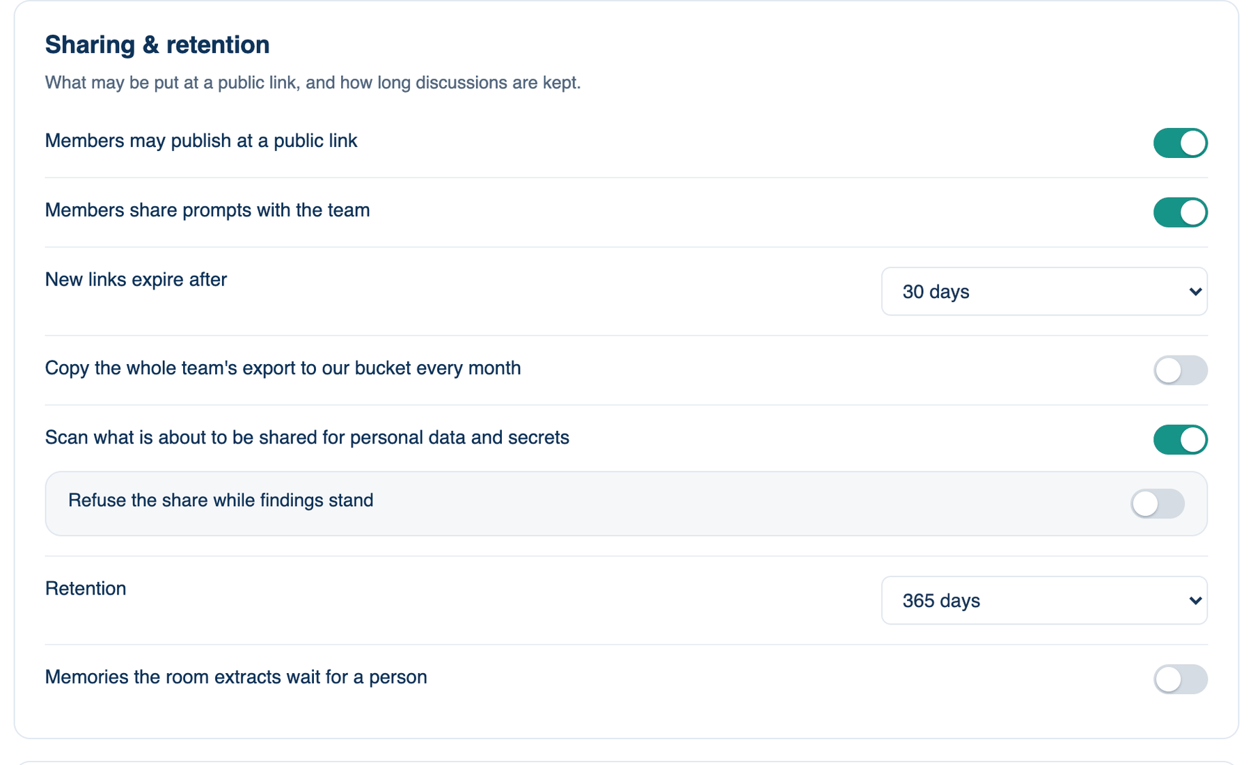 Settings → Account → Governance → Sharing, Review & Evidence on the Mac: the Sharing & retention card