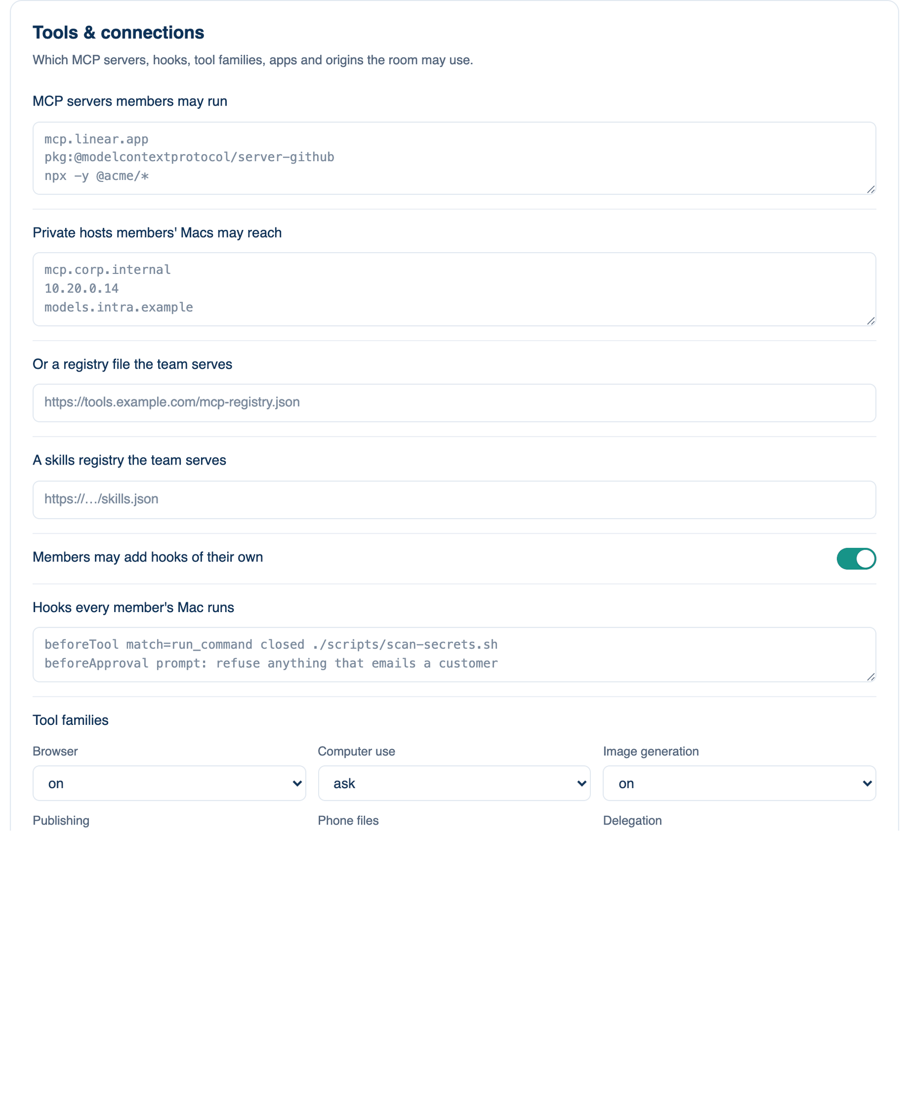 Settings → Account → Governance → Tools & Execution on the Mac: the Tools & connections card with the tool family selects