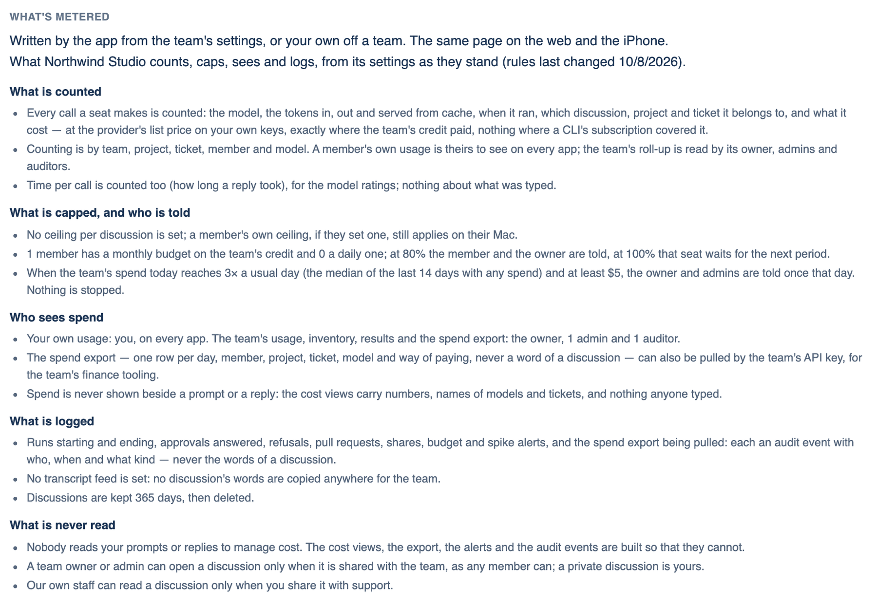 Settings → Account → Governance on the Mac: the What's metered sentences for a team
