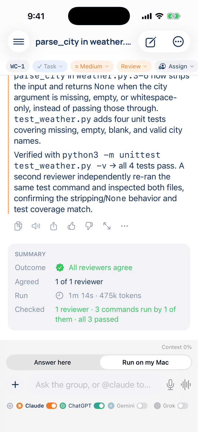 A discussion run on the Mac, read on the iPhone: the agreed answer, its Summary, and the Answer here / Run on my Mac switch