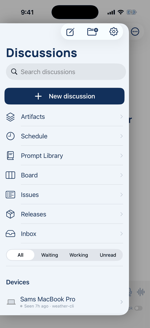 The iPhone drawer, opened from the ☰ button: New discussion and the shortcut rows