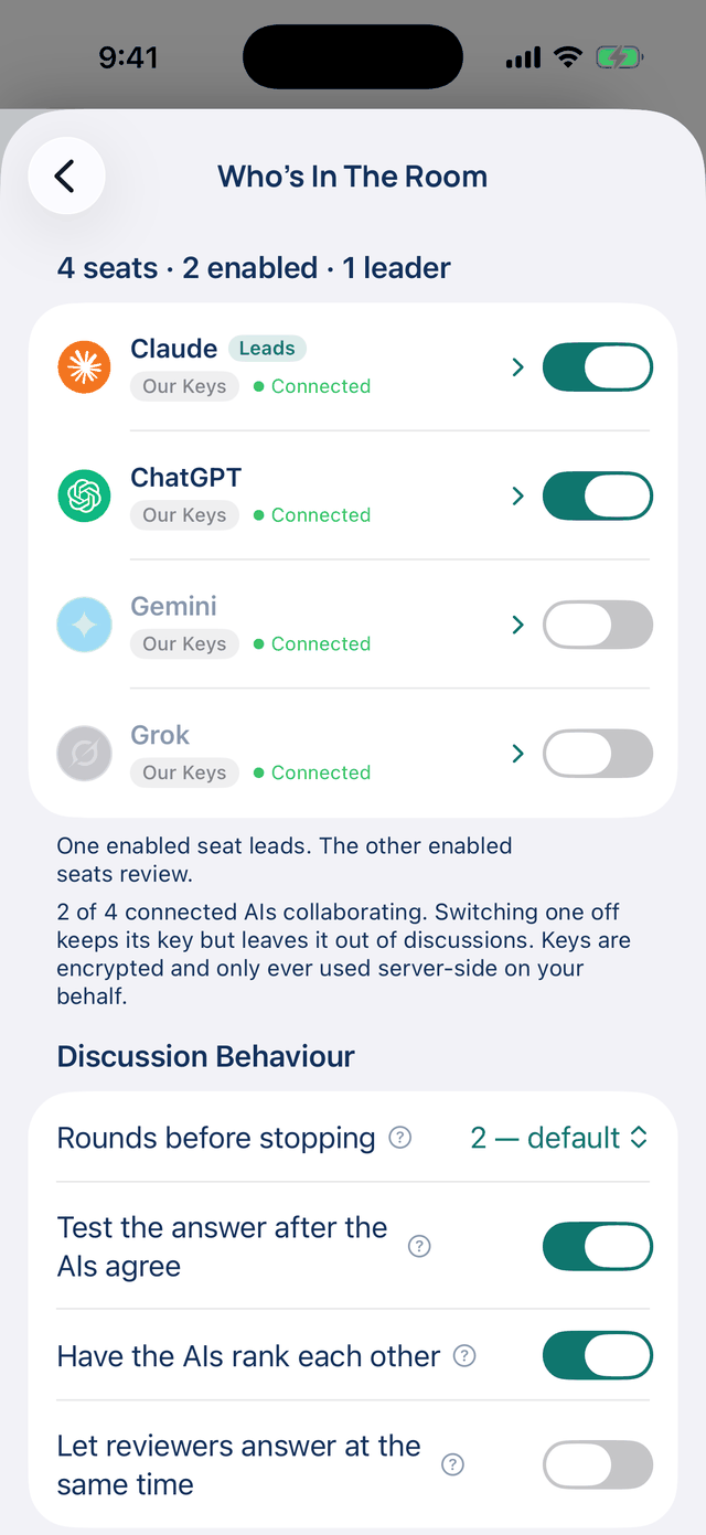 iPhone Settings → Who's In The Room: the seats, who leads, and Discussion Behaviour below