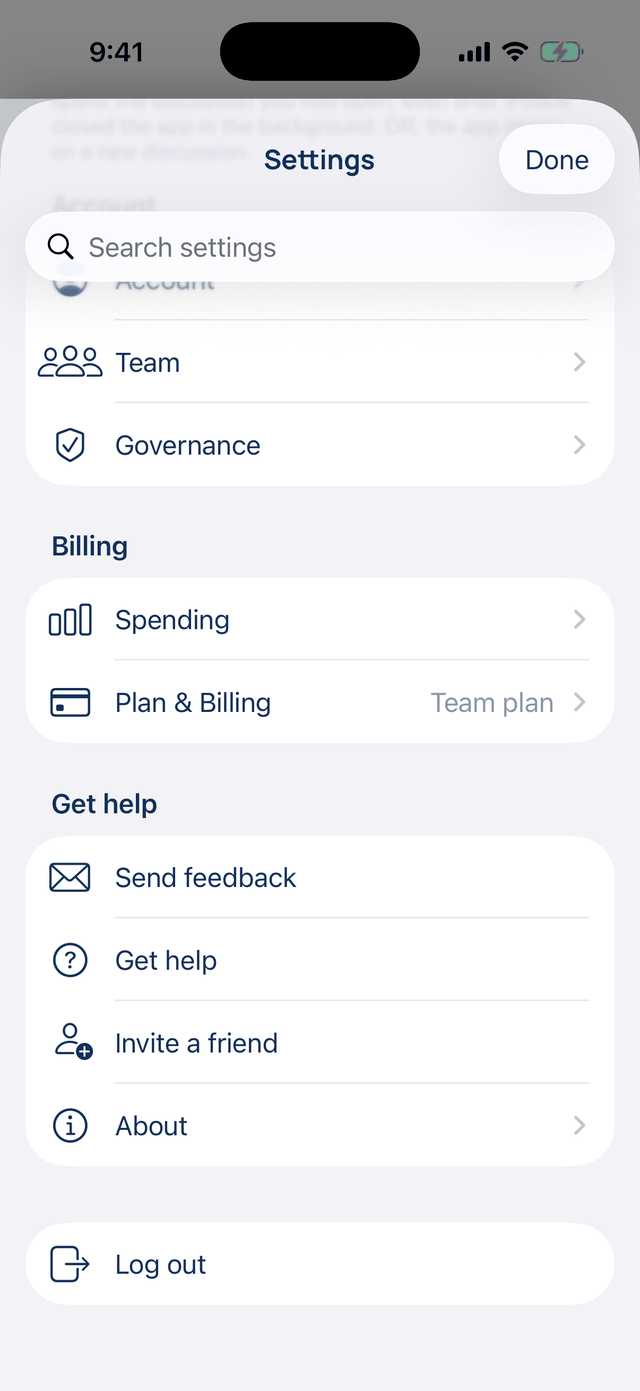 iPhone Settings → App: Appearance, Notifications, Privacy & Lock, Voice, Haptic feedback and Reopen where you left off