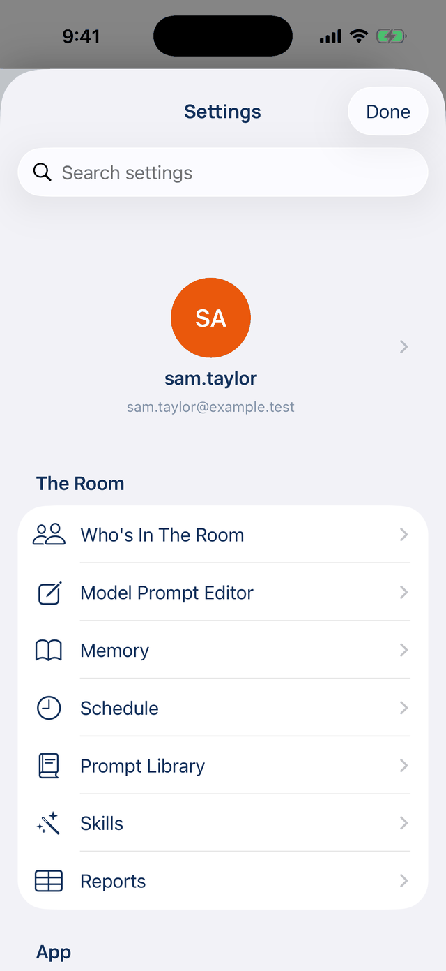 iPhone Settings, opened from the gear in the drawer: the profile card and The Room