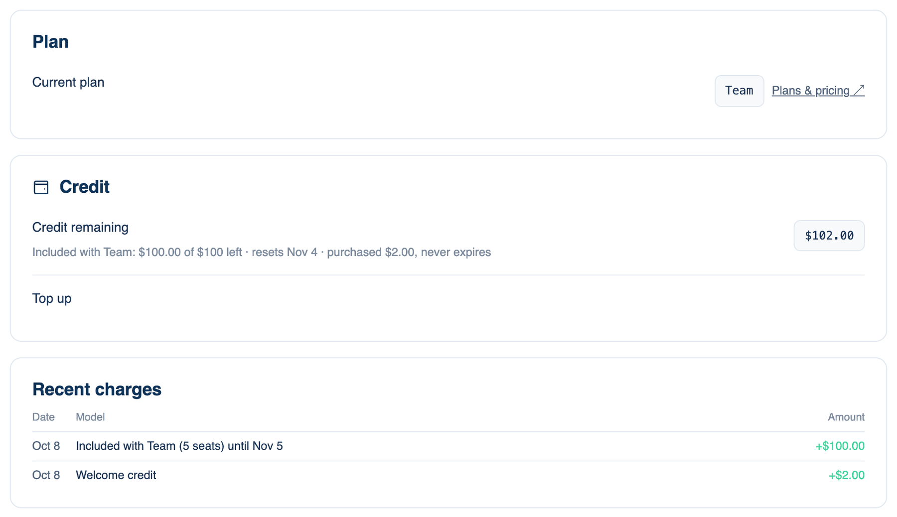 Settings → Billing → Plan & Billing on the Mac: Plan, Credit, Top up, Auto-reload and Recent charges