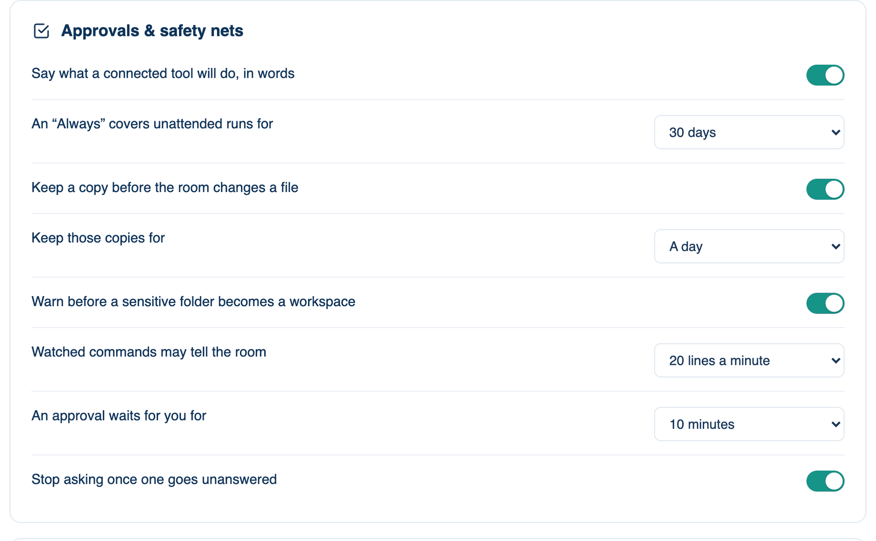 Settings → Workspace → Privacy & Security → Approvals and safety nets