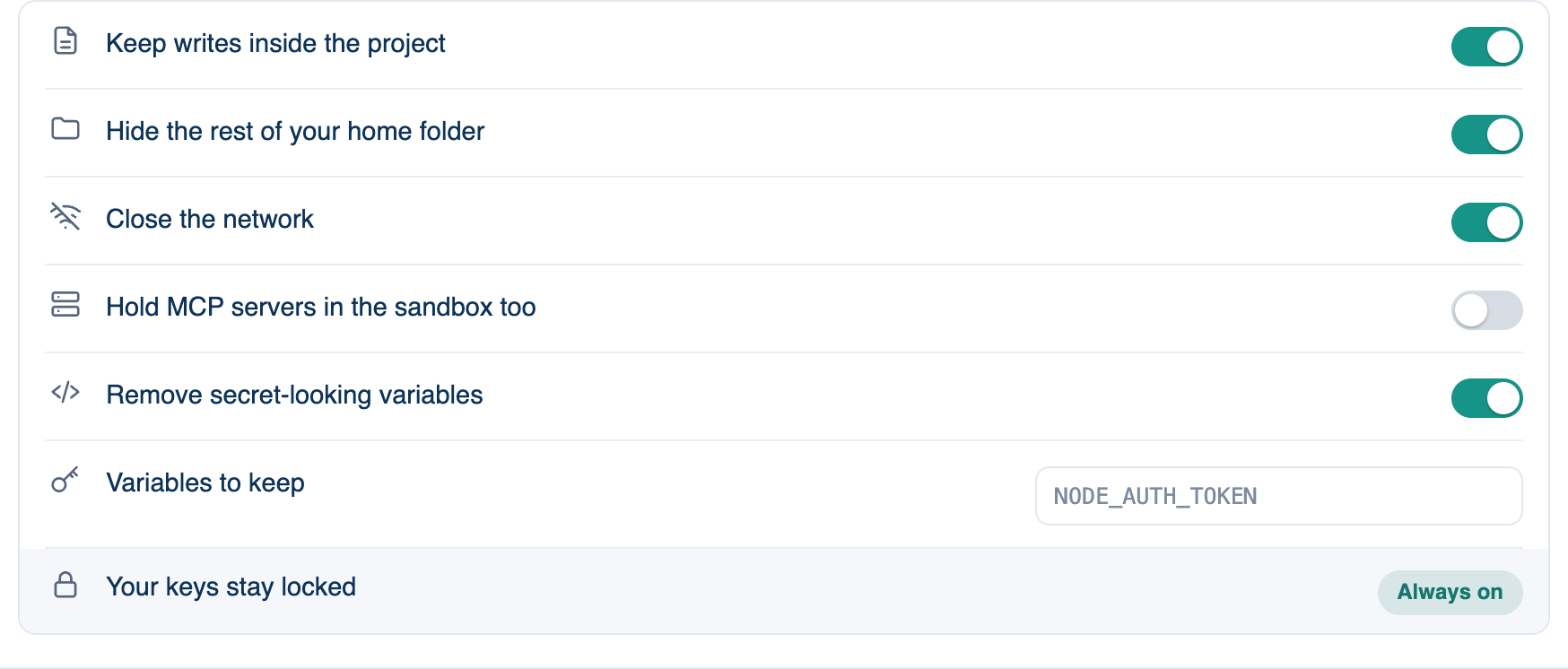 Settings → Workspace → Privacy & Security → Sandbox, the parts list with Remove secret-looking variables and Variables to keep