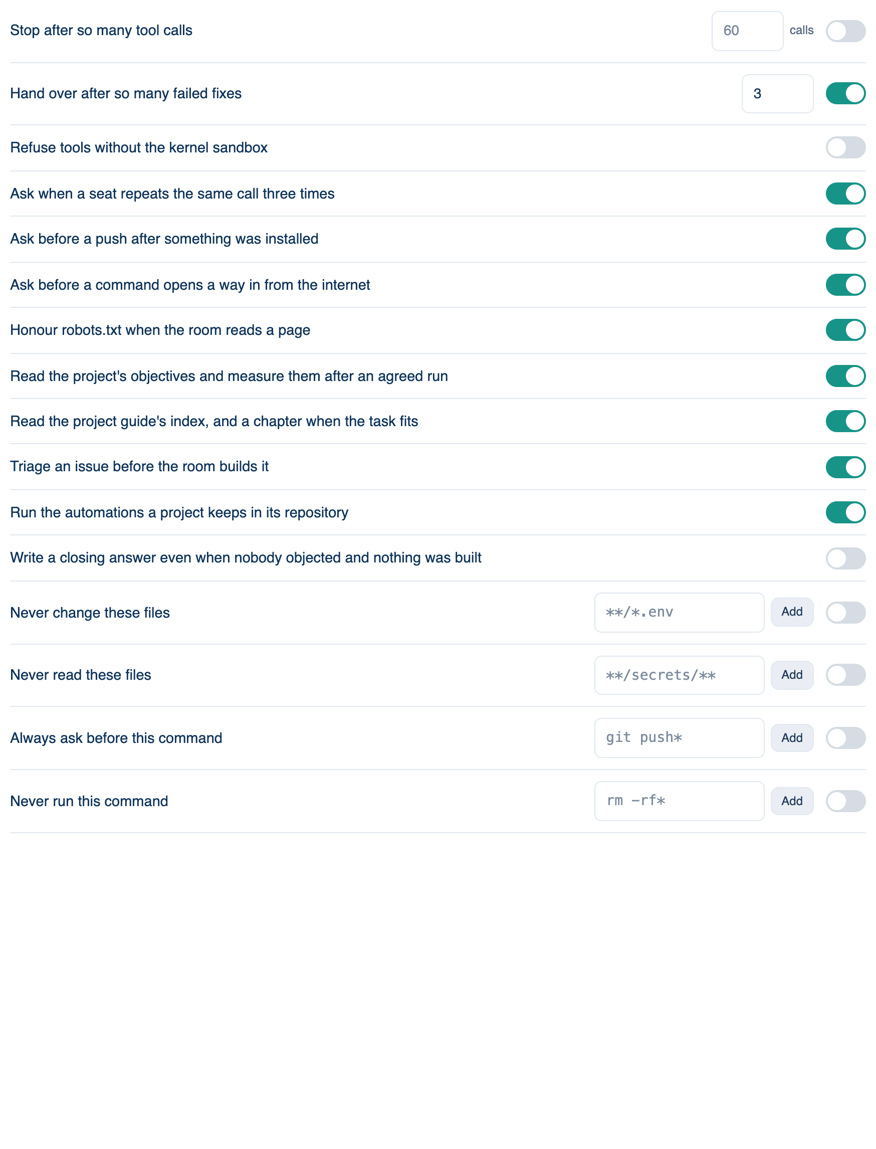 Settings → Workspace → Guardrails, with the first rows switched on