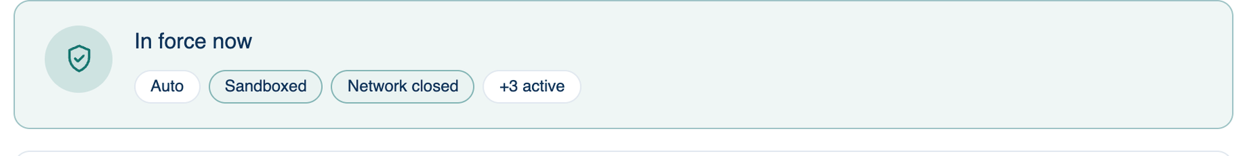 Settings → Workspace → Privacy & Security → In force now, naming the sandbox this Mac uses and the guards that are on