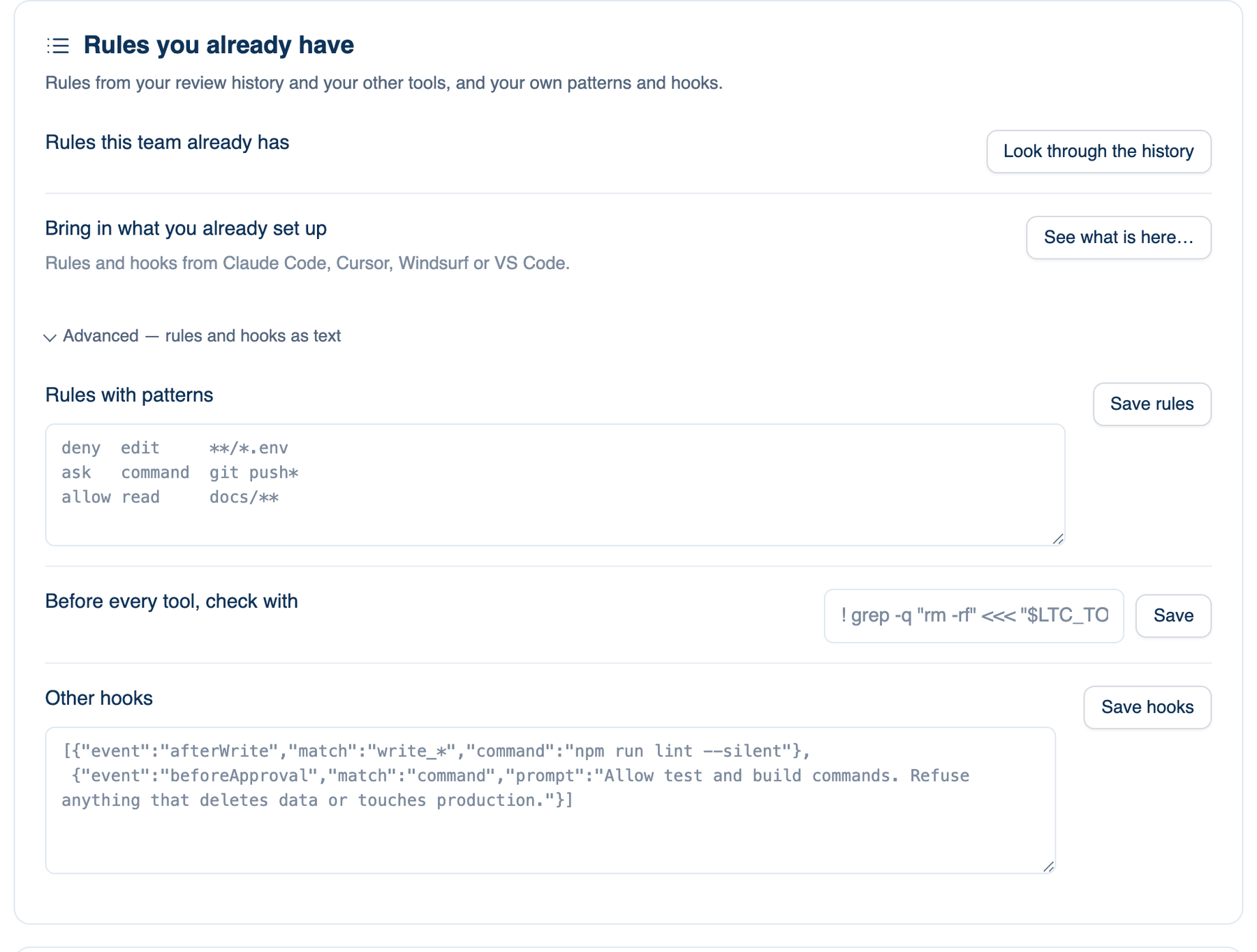 Settings → Workspace → Rules you already have, with Advanced open