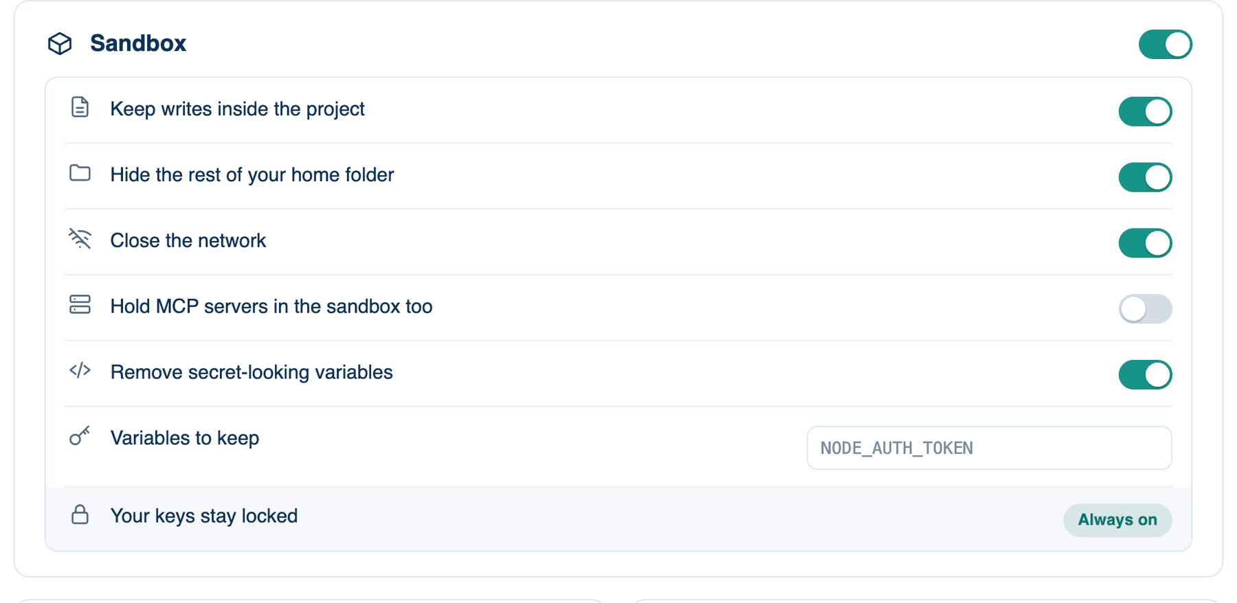 Settings → Workspace → Privacy & Security → Sandbox, with every part shown