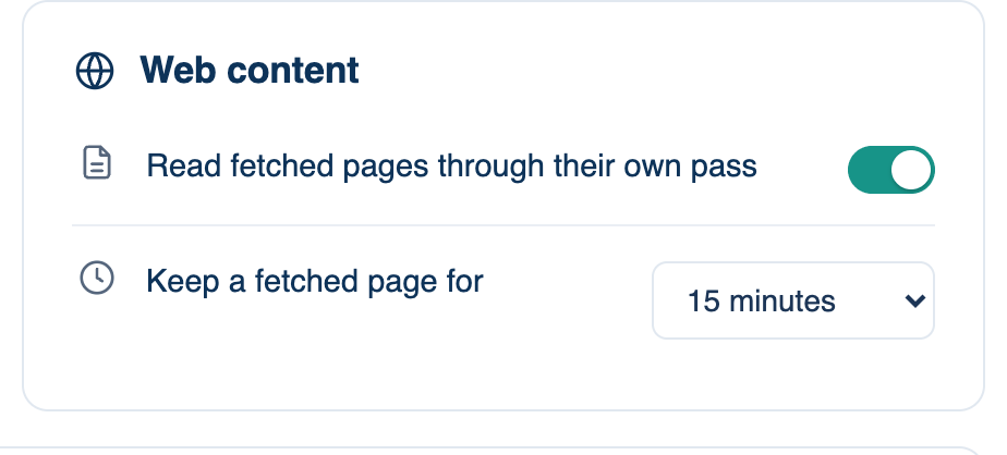 Settings → Workspace → Privacy & Security → Web content, with Read fetched pages through their own pass on