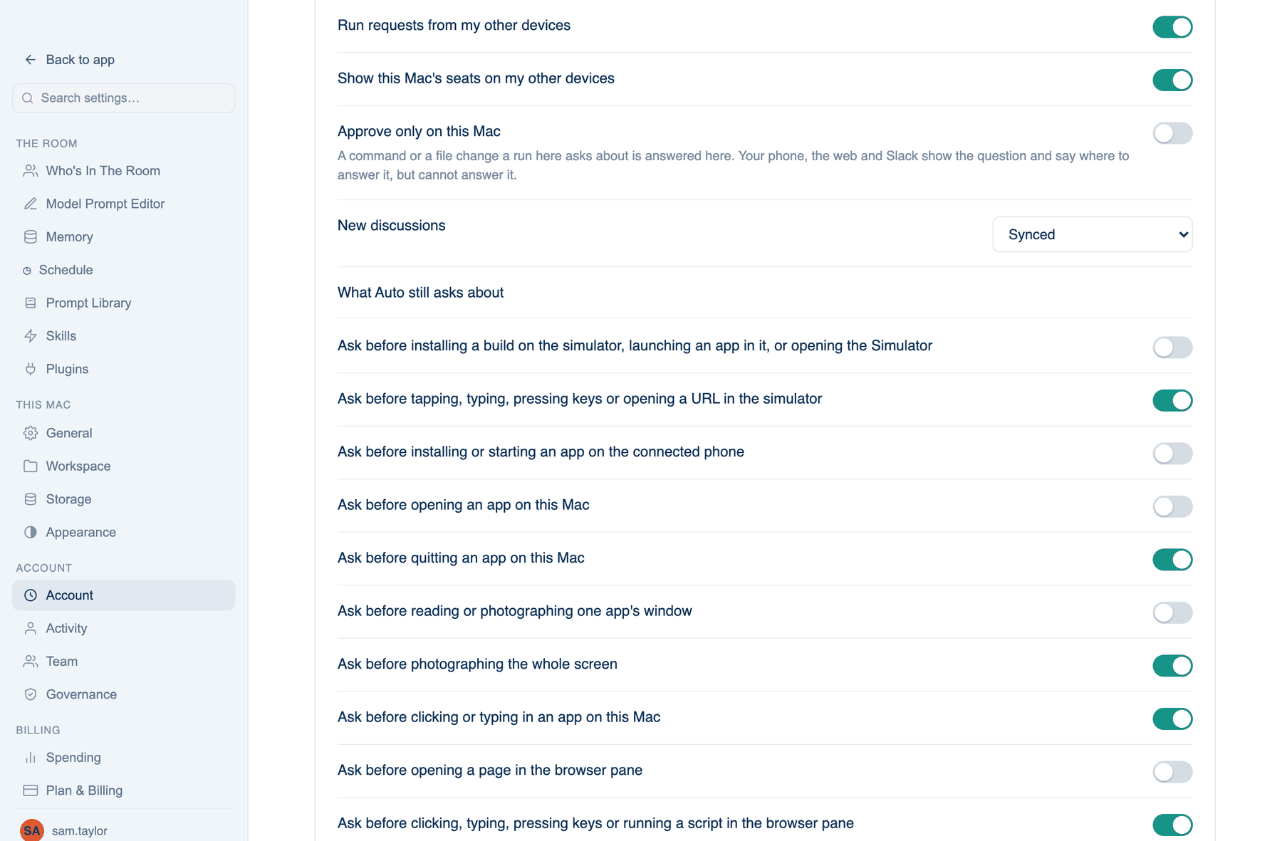 Mac: Settings → Account → Account → Sign-in & Security, the rows from Run requests from my other devices to New discussions