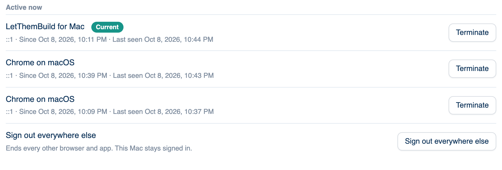 Mac: Settings → Account → Account → Sign-in & Security, the Active sessions list with this Mac marked