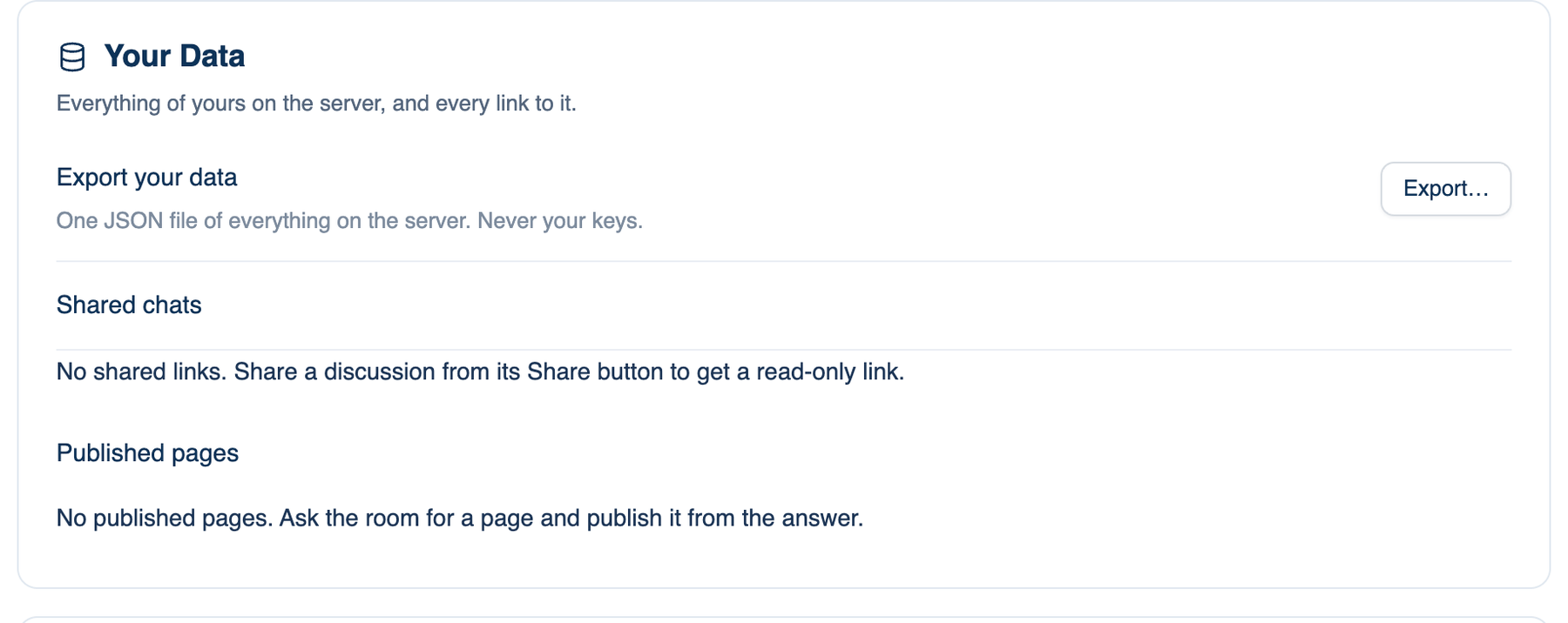 Mac: Settings → Account → Account → Your Data, with Export, Shared chats and Published pages