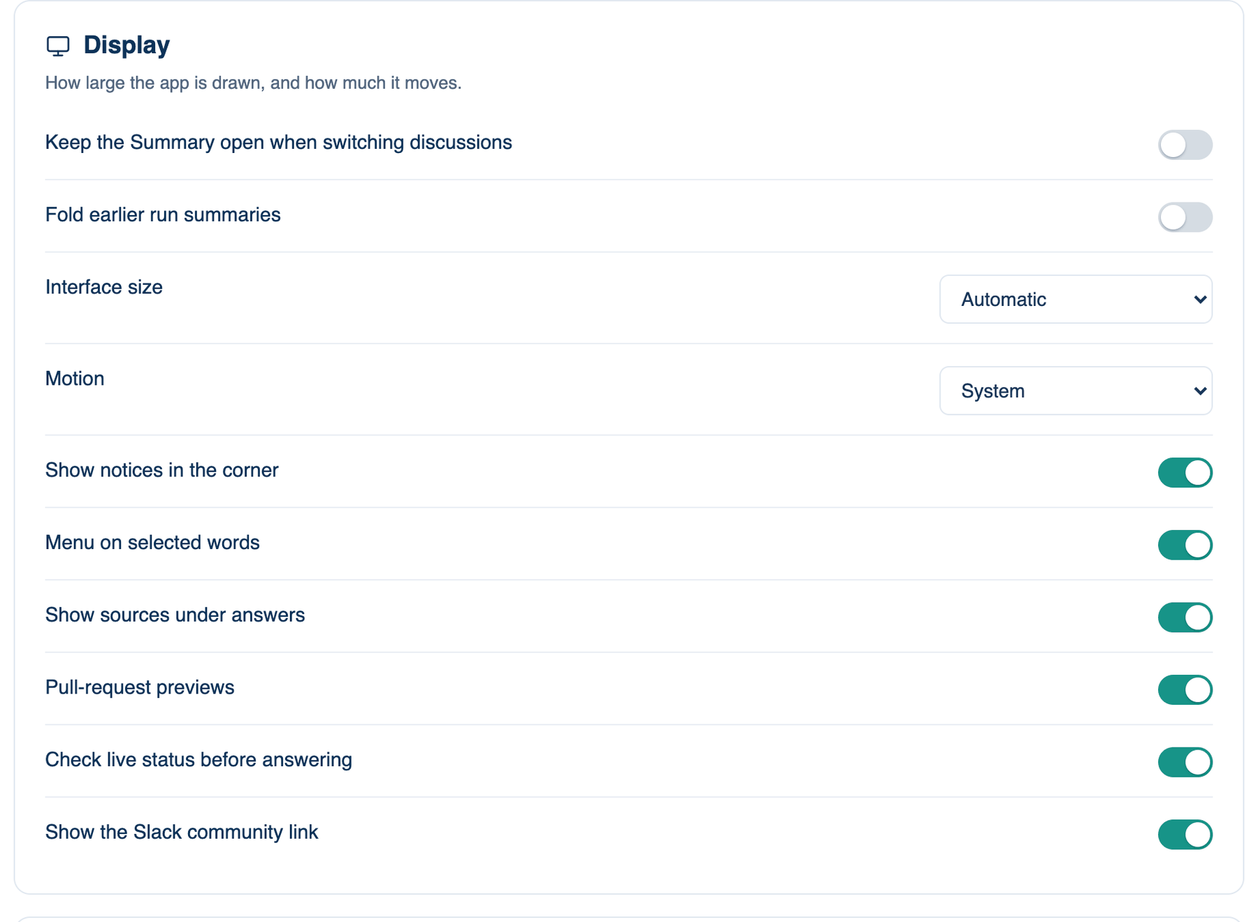 Settings → This Mac → Appearance → Display, with Interface size, Motion and the notice and reading switches