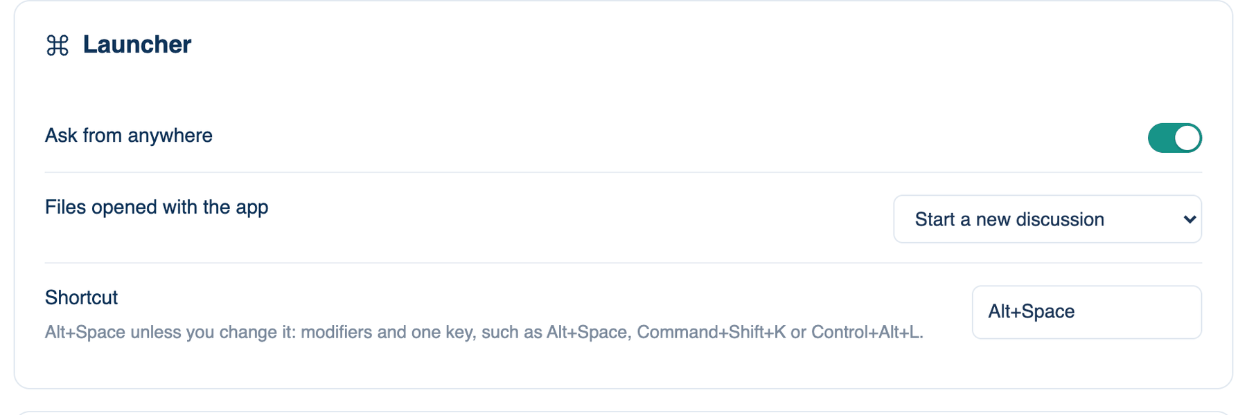 Settings → This Mac → General → Launcher, with Ask from anywhere, Files opened with the app and the Shortcut field