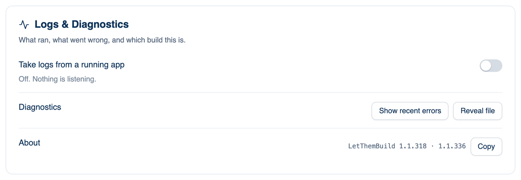 Settings → This Mac → General → Logs and Diagnostics, with Take logs from a running app off, Diagnostics and About