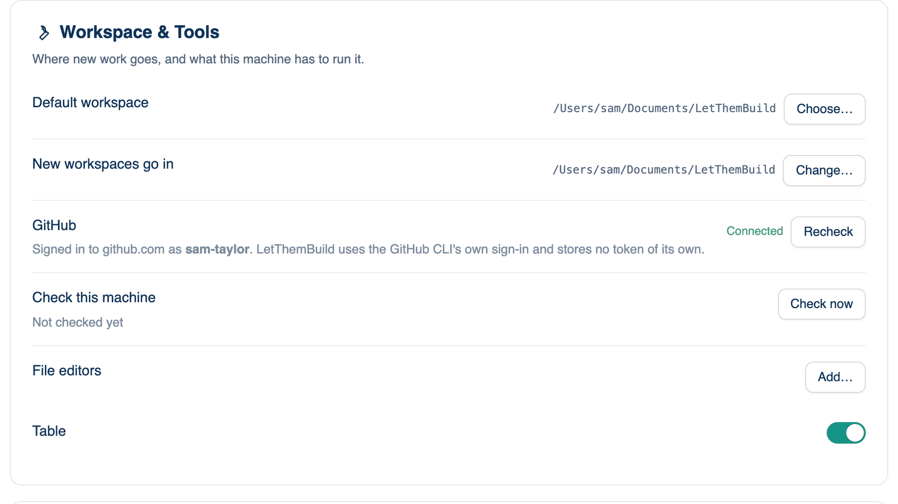 Settings → This Mac → General → Workspace and Tools, with the default workspace, GitHub state and Check this machine