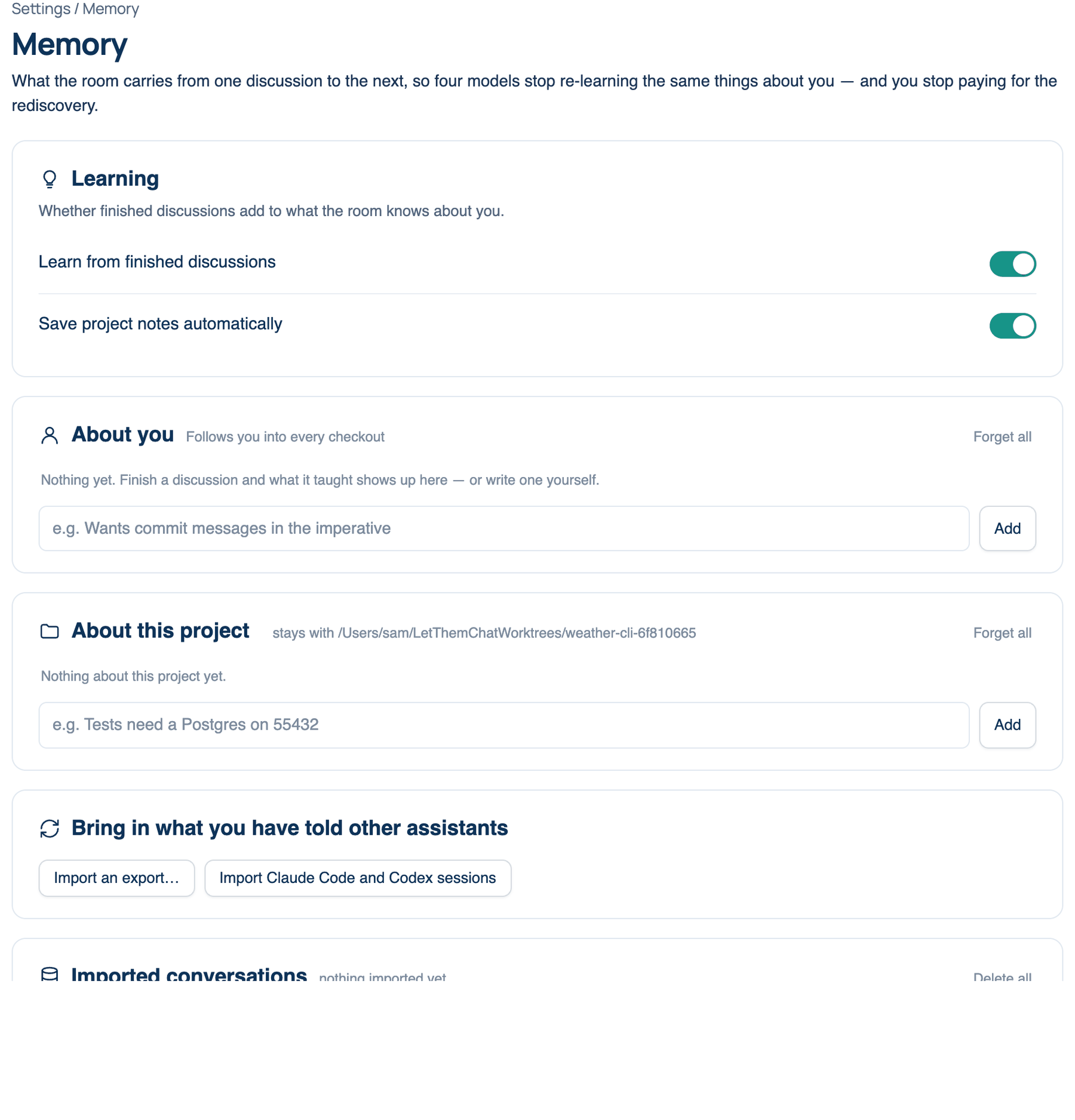 Settings → The room → Memory on the Mac: About this project, the two import buttons and the Imported conversations search