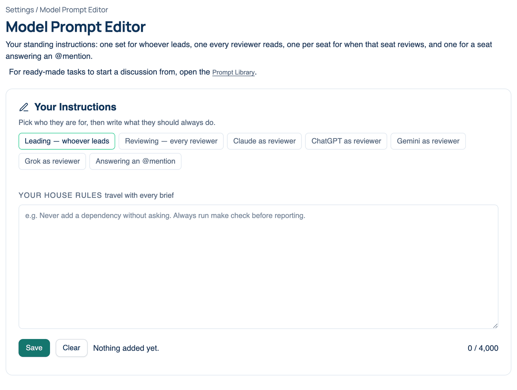Settings → The room → Model Prompt Editor on the Mac, with the Reviewing tab open and a house rule typed in