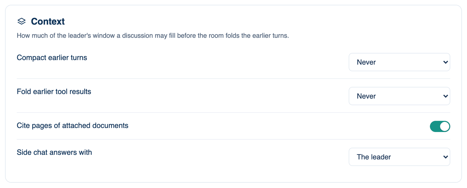 Settings → The room → Who's In The Room → Context on the Mac, showing Cite pages of attached documents and Side chat answers with