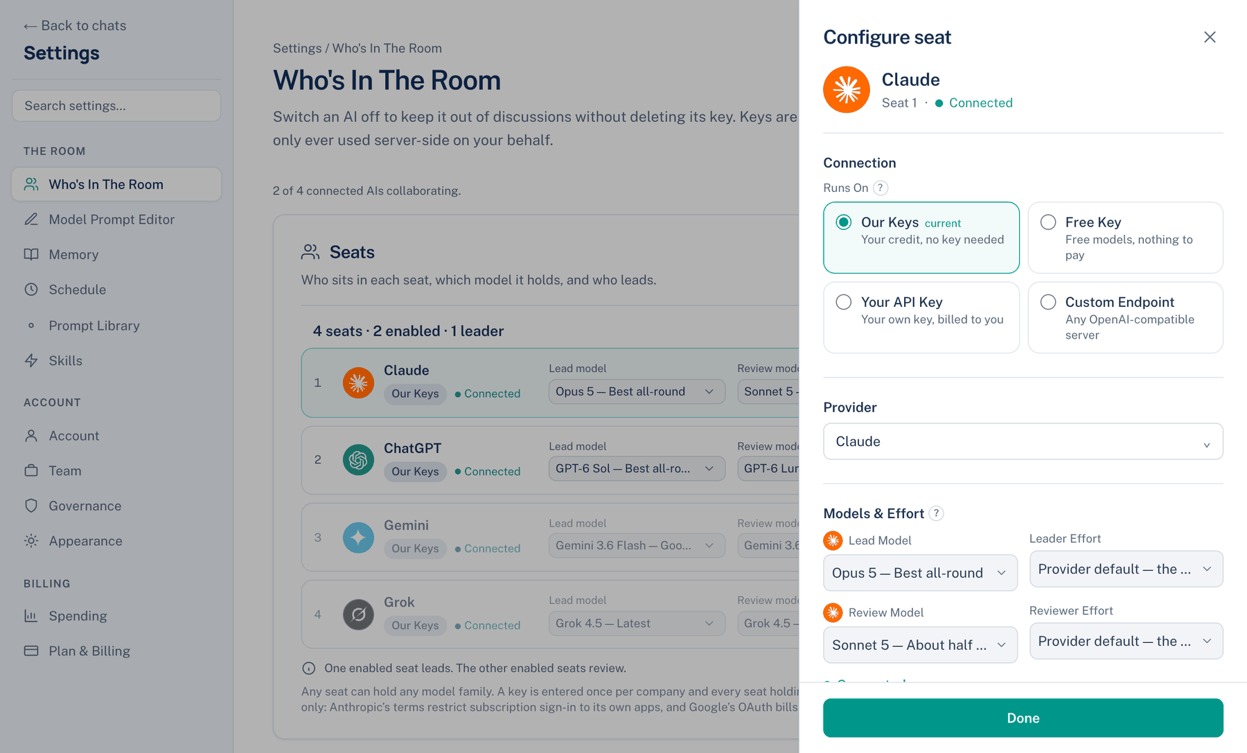 Web: Settings → Who's In The Room → Configure seat, with the four ways a seat can run on the web