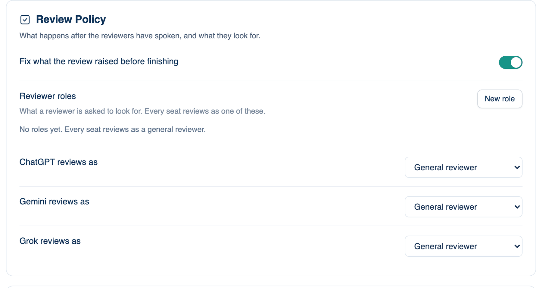 Settings → The room → Who's In The Room → Review Policy on the Mac, with one reviewer role and the per-seat menus