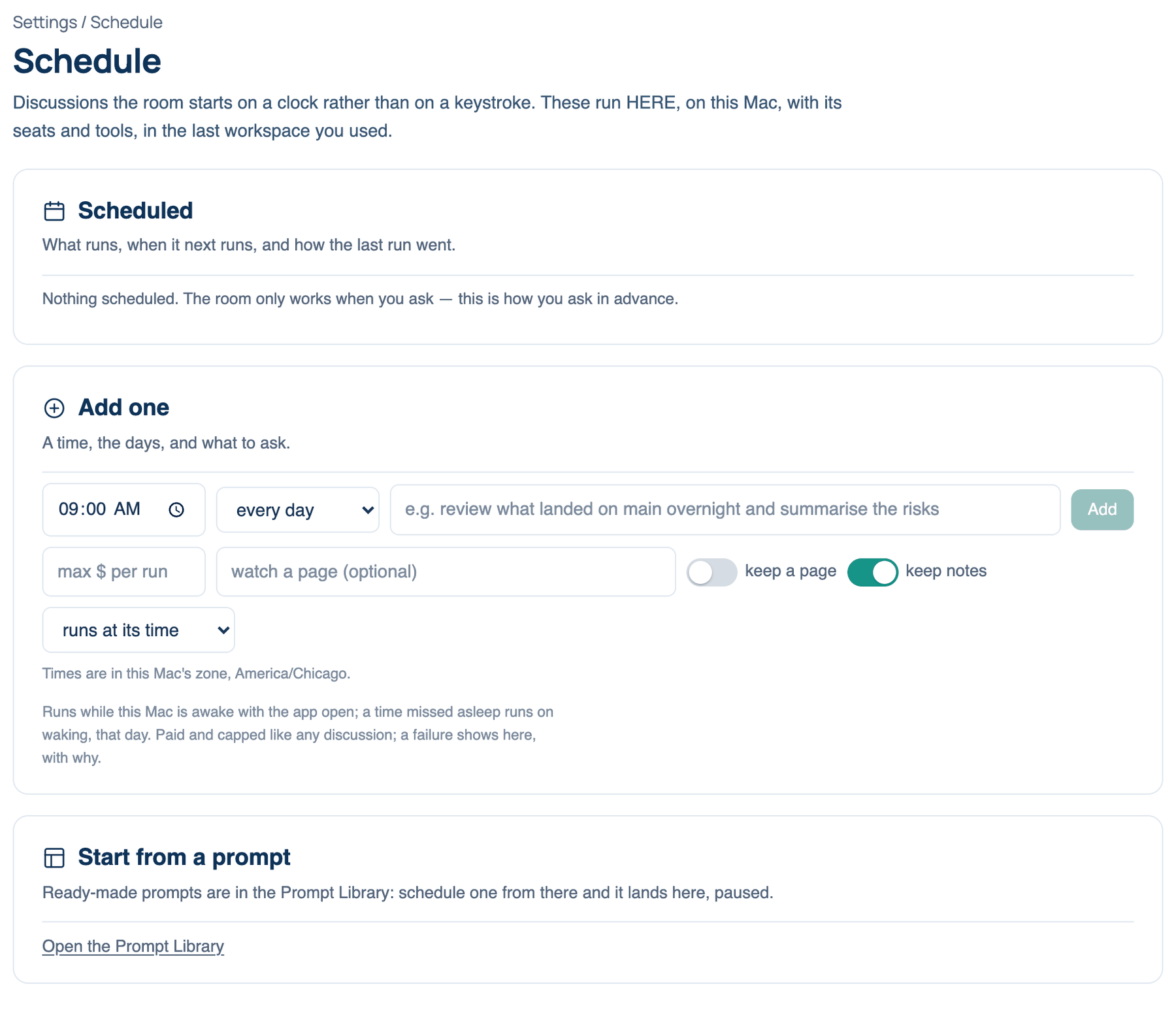 Settings → The room → Schedule on the Mac, with one weekday task in Scheduled and the Add one card below