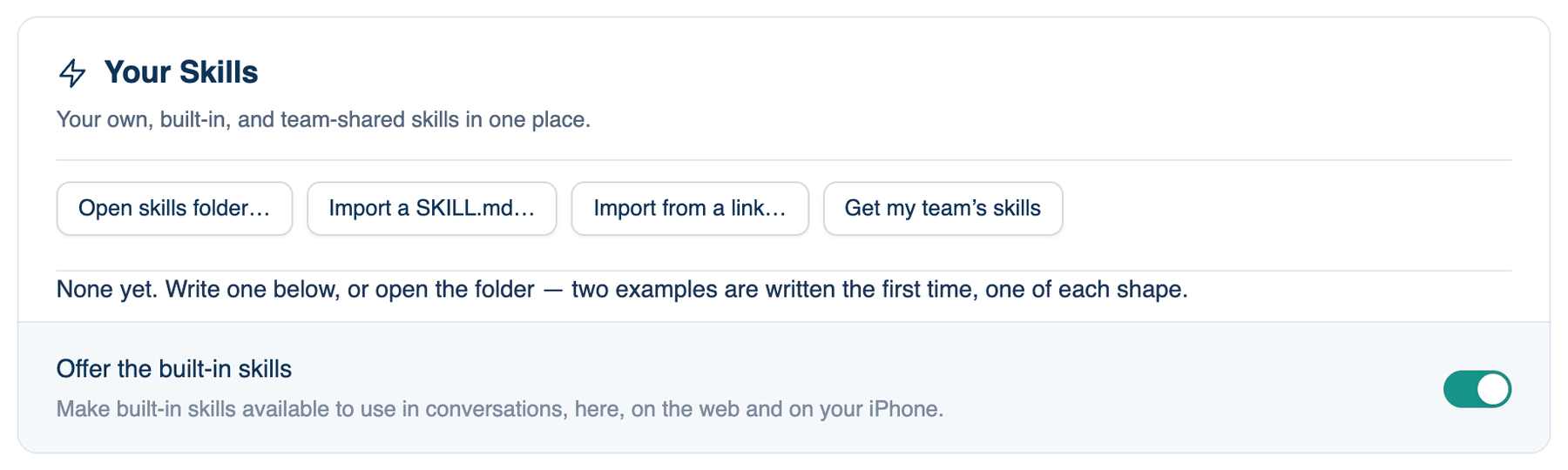 Settings → The room → Skills on the Mac: the Your Skills buttons, the list with a built-in and a personal skill, and the built-in switch