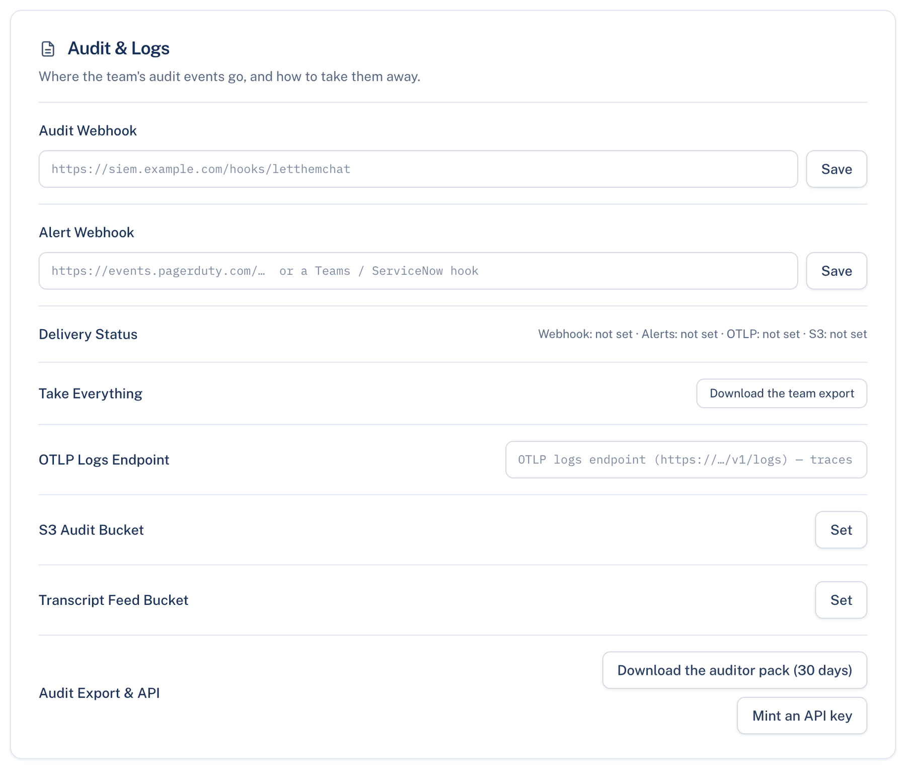 Web: Settings → Team → Audit and Logs, with the webhooks and Delivery Status