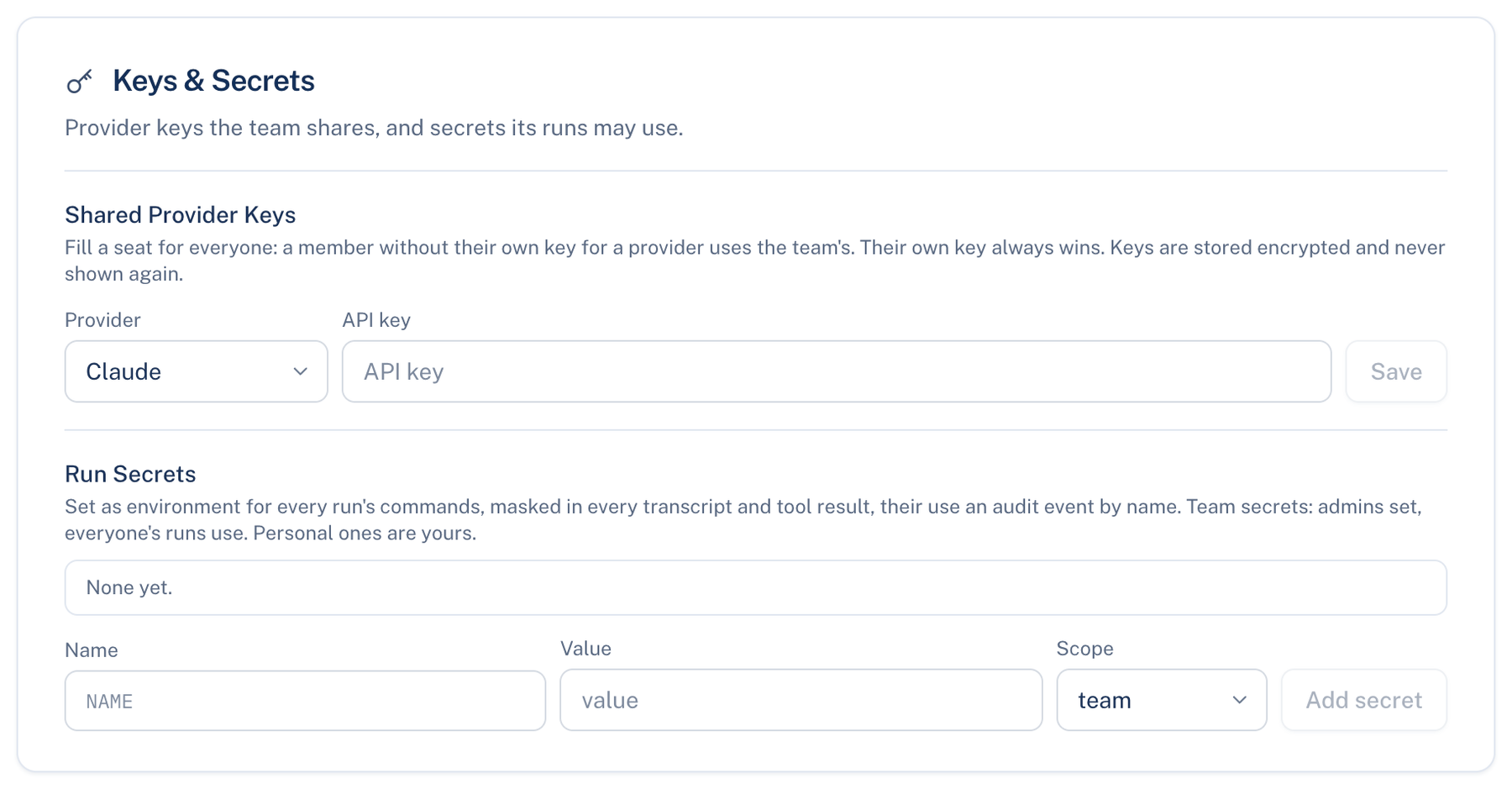 Web: Settings → Team → Keys and Secrets, with Shared Provider Keys and Run Secrets
