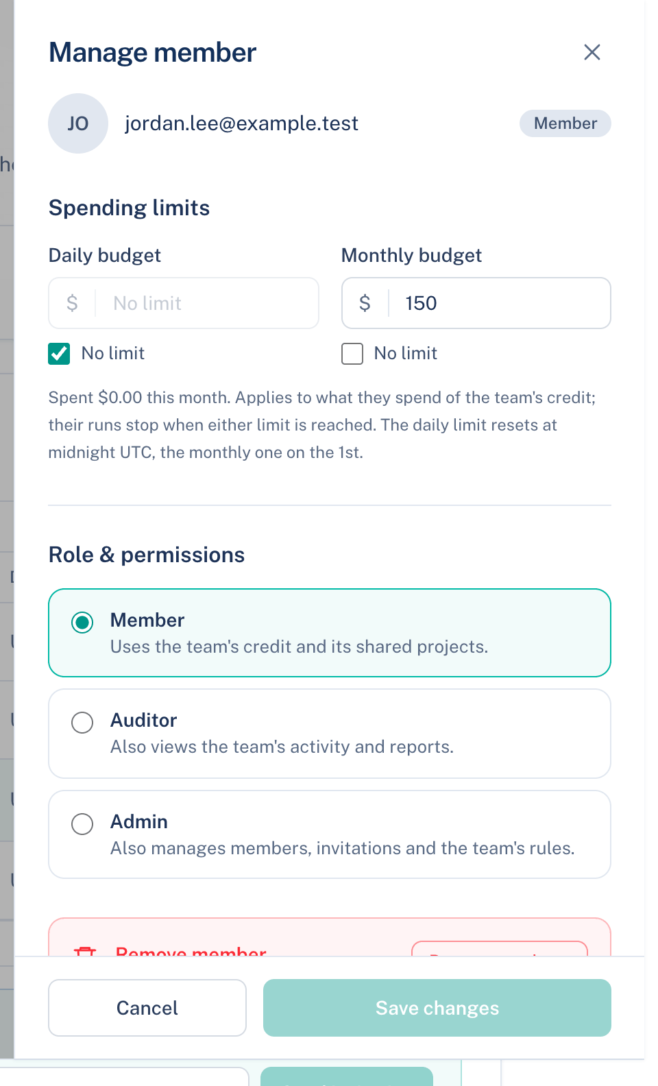 Web: Settings → Team → Members → Manage, with Spending limits and Role and permissions