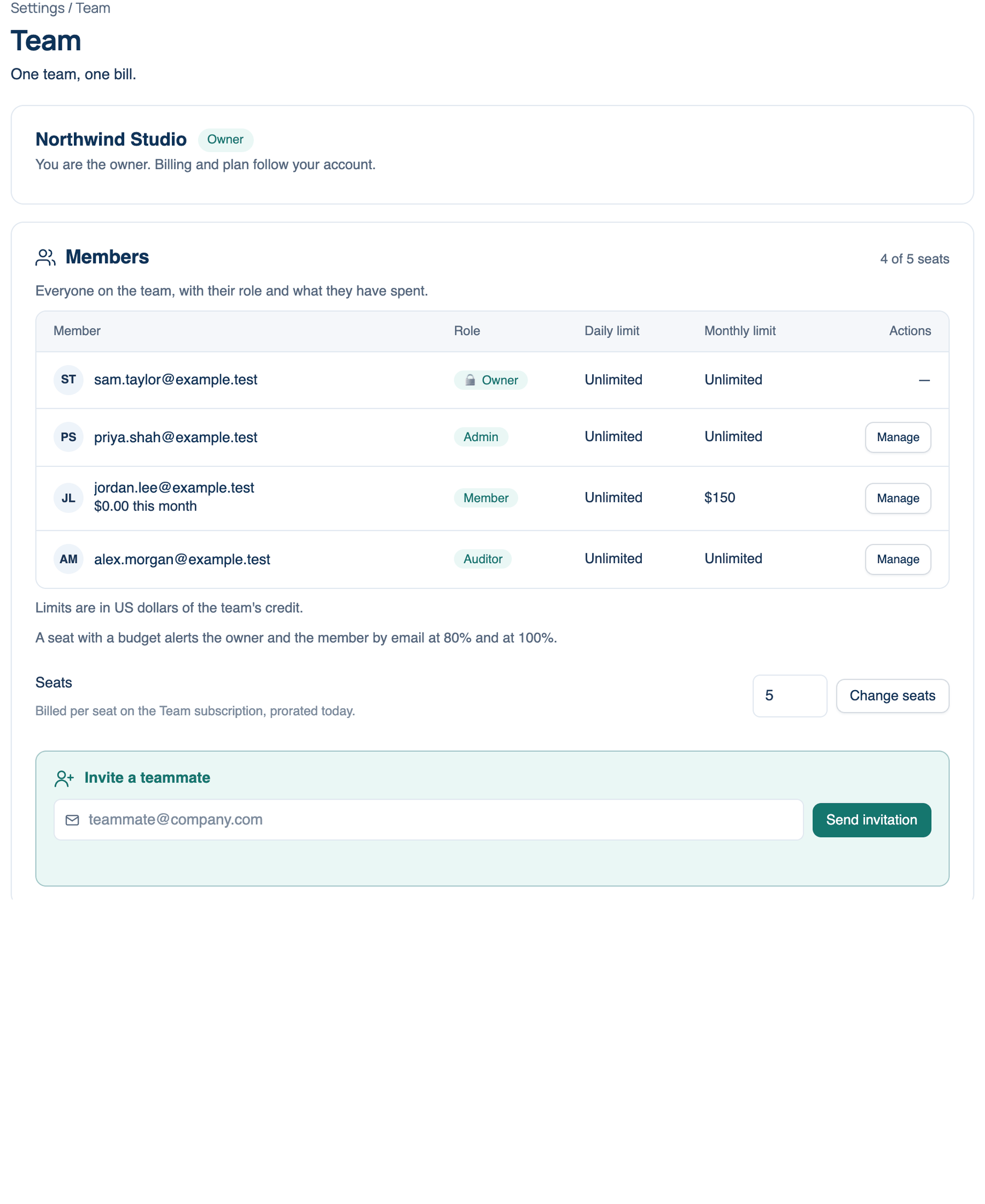 Mac: Settings → Account → Team, the Members table, Seats and Invite a teammate