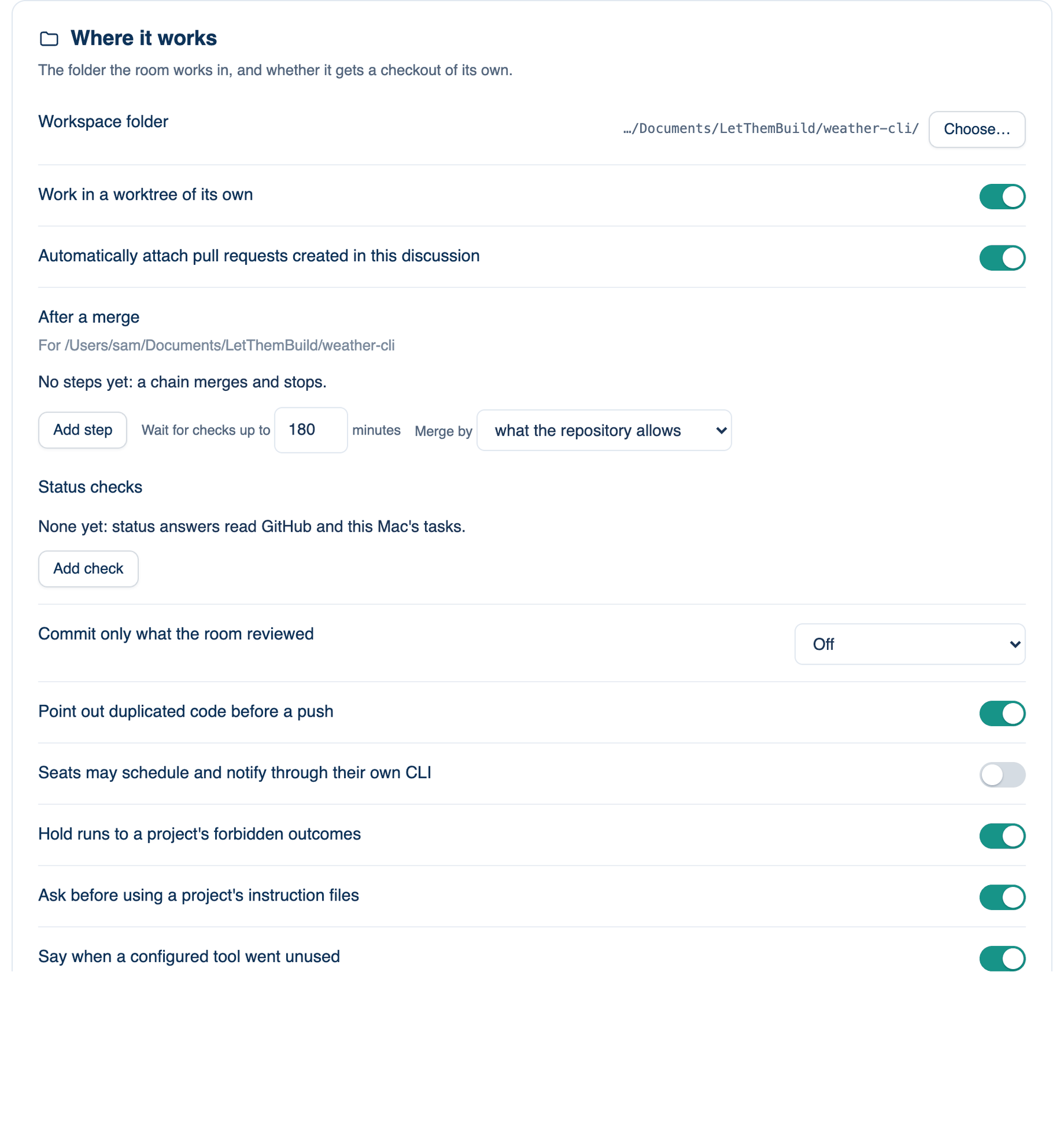 Settings → This Mac → Workspace → Where it works, with Workspace folder, the worktree switch and After a merge