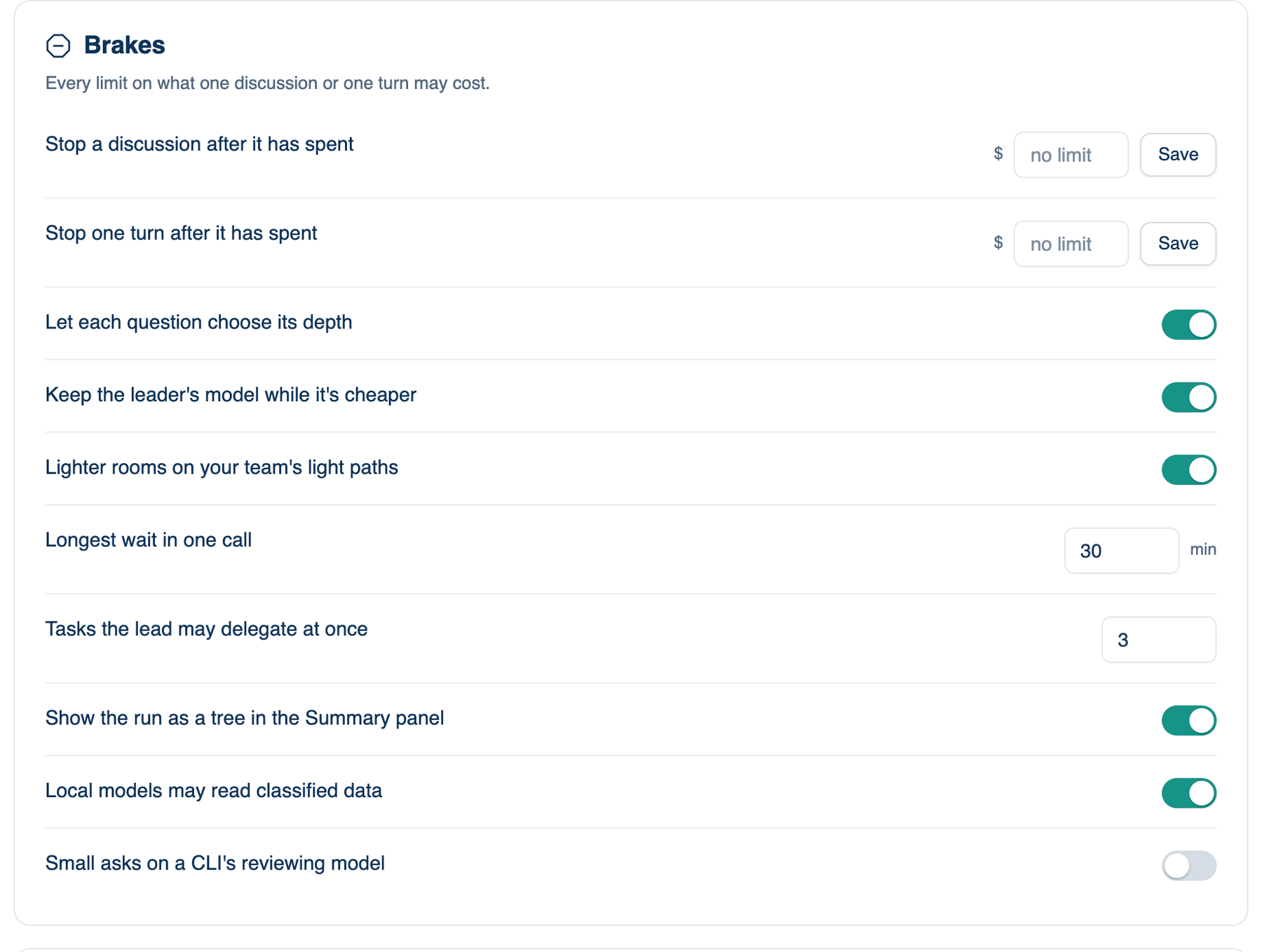 Settings → Billing → Spending → Brakes on the Mac, with the discussion and turn ceilings