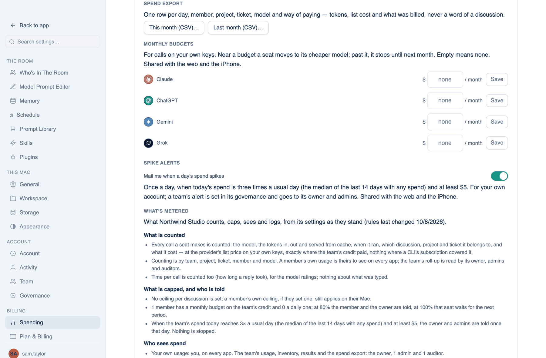 Settings → Billing → Spending on the Mac: Monthly budgets per provider, Spike alerts and the Spend export buttons