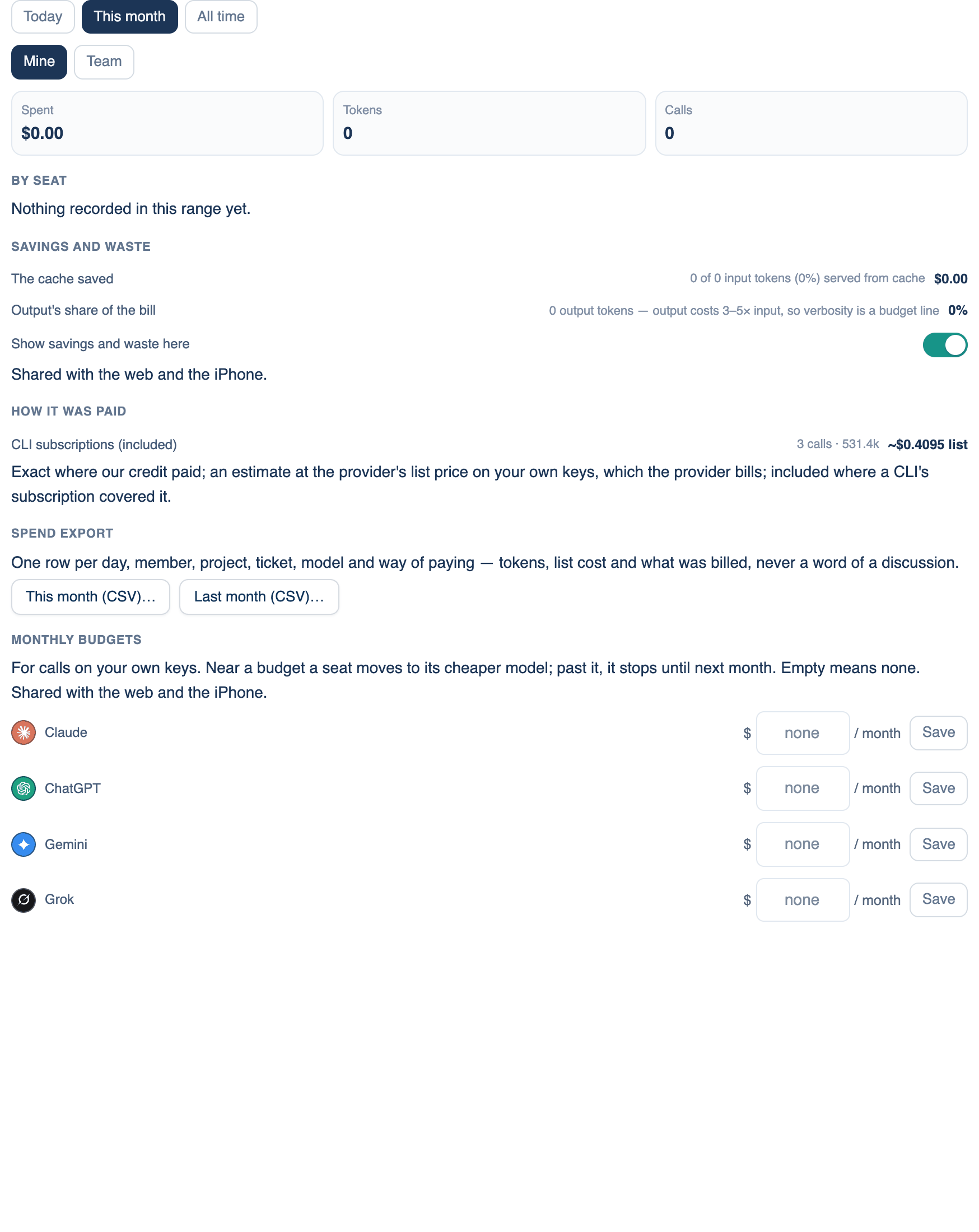 Settings → Billing → Spending on the Mac: the range buttons, totals and the By seat list